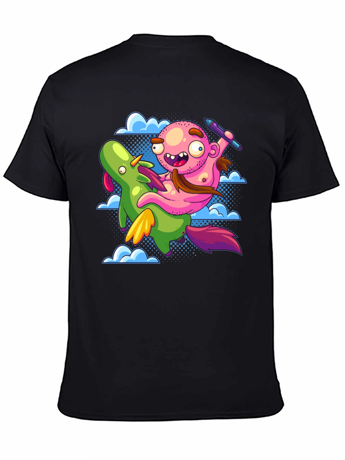 Black Cartoon Artist Riding Unicorn T-Shirt view 4