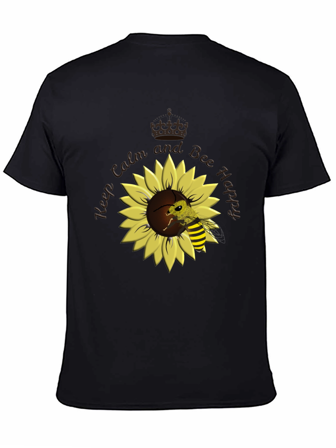 Black Keep Calm and Bee Happy Sunflower T-Shirt view 4