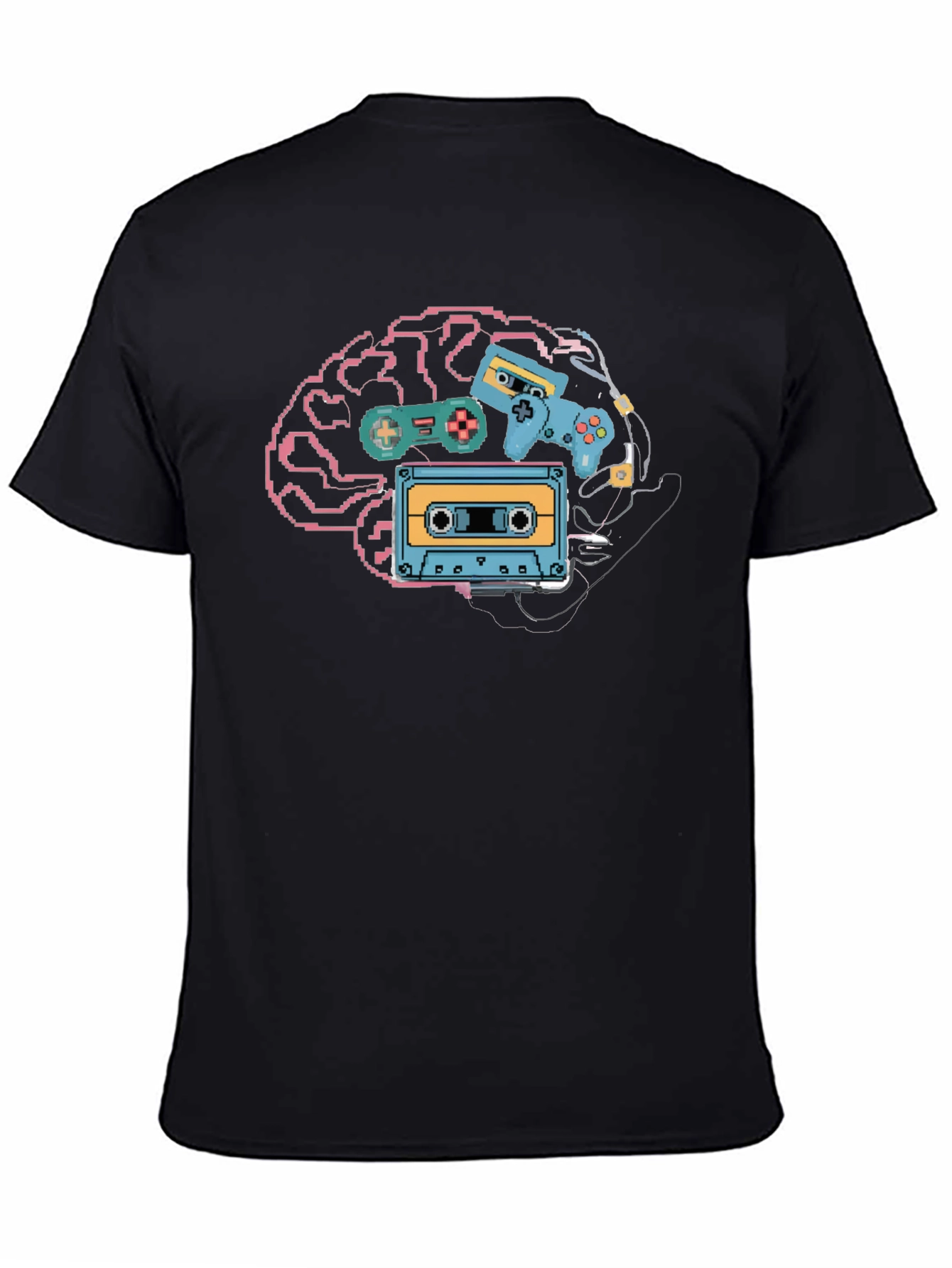 Black Retro Gamer Brain T-Shirt - Pixel Art Style view 4