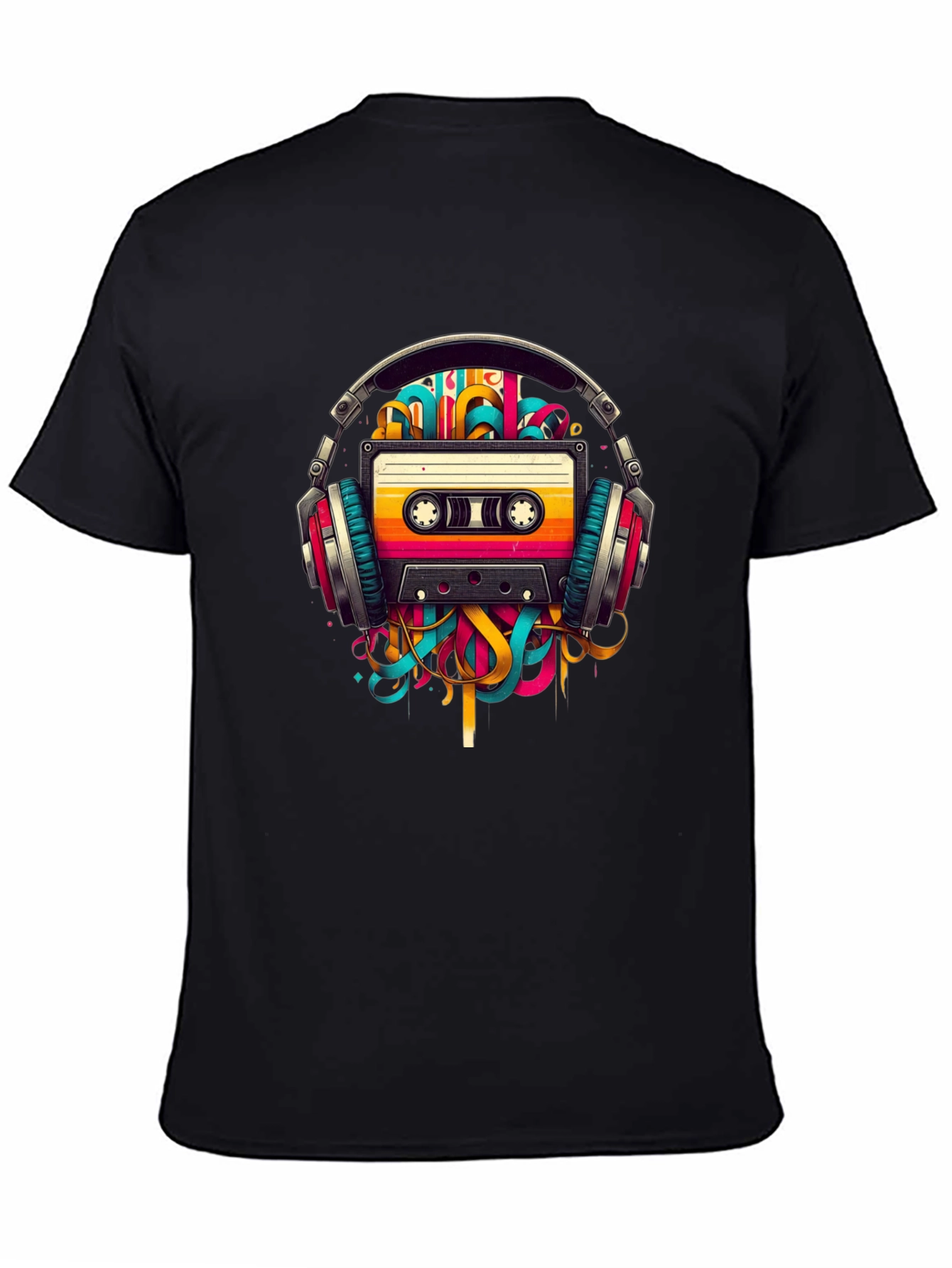 Black Retro Cassette Tape Headphones Graphic T-Shirt view 4