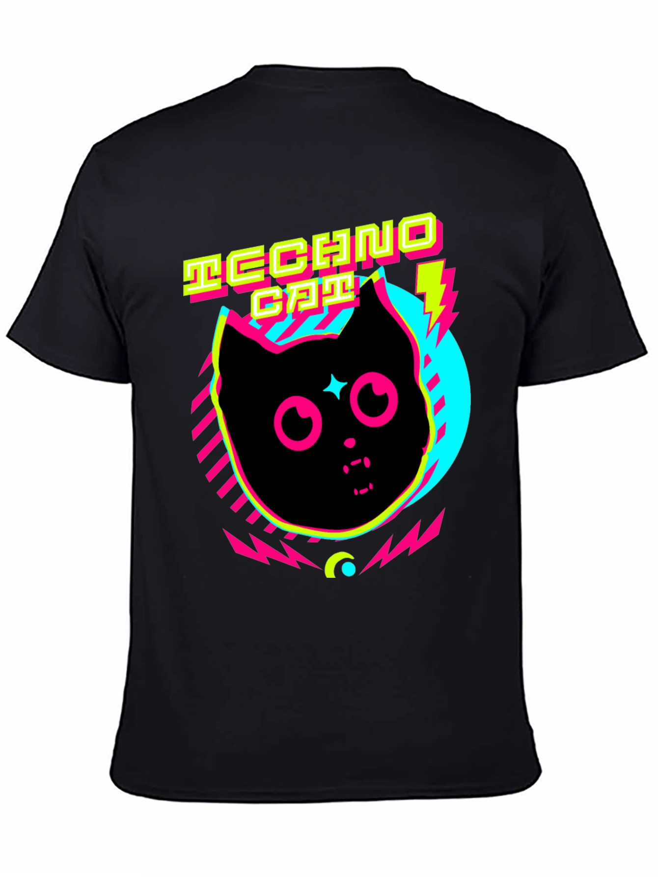 Black Techno Cat T-Shirt Neon Graphic Tee view 4