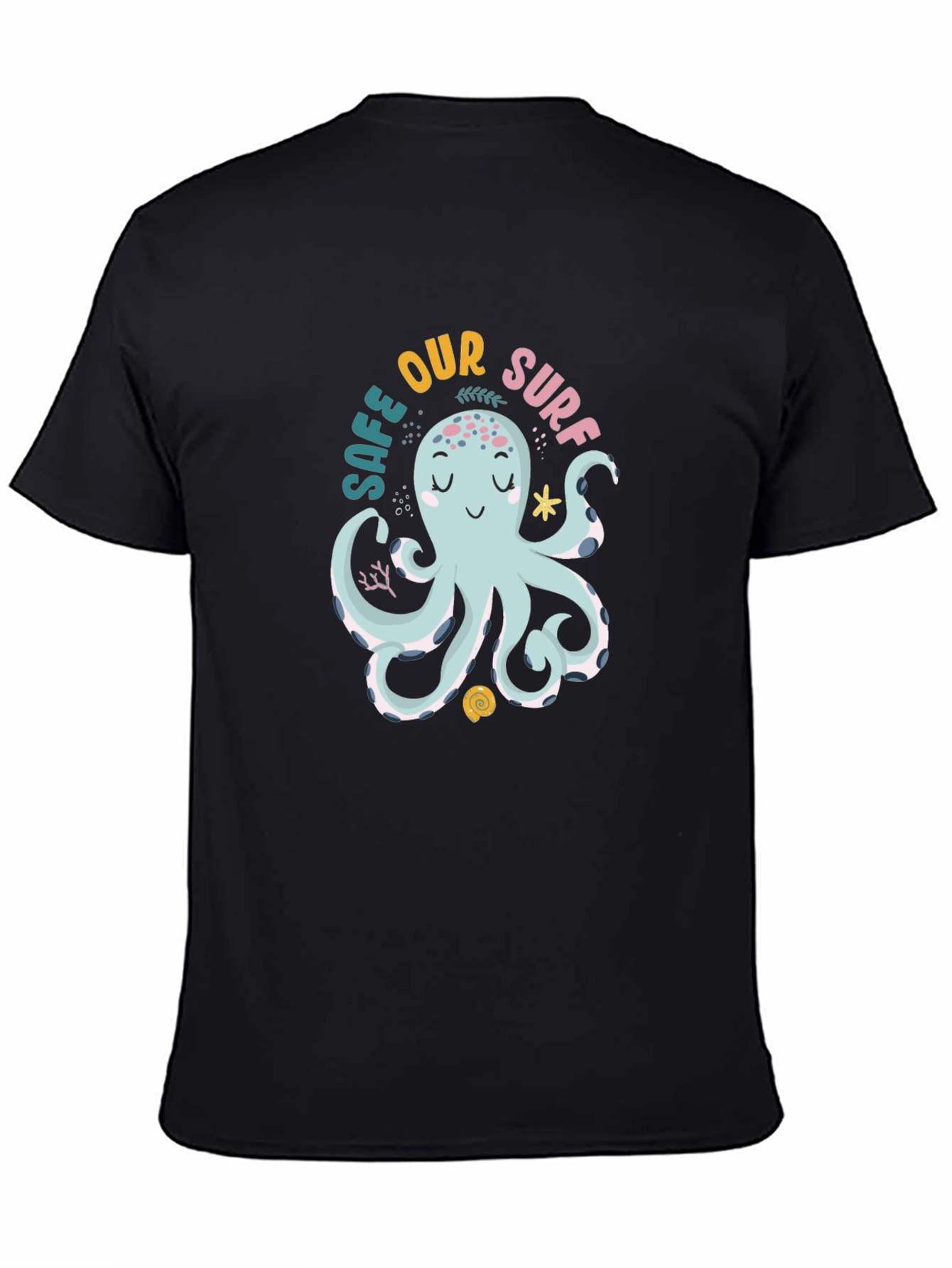 Black Cute Octopus Graphic Tee - 'Safe Our Surf' Black Cotton T-Shirt view 4