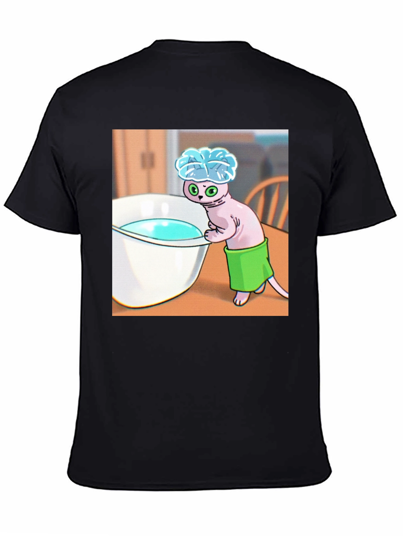Black Cartoon Cat Bath T-Shirt - Funny Novelty Tee view 4