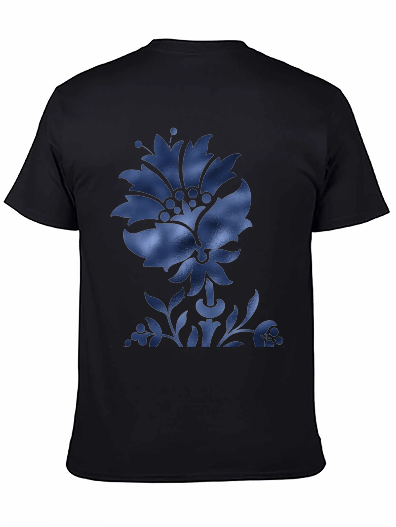 Black Men's Black T-Shirt with Blue Floral Design view 4