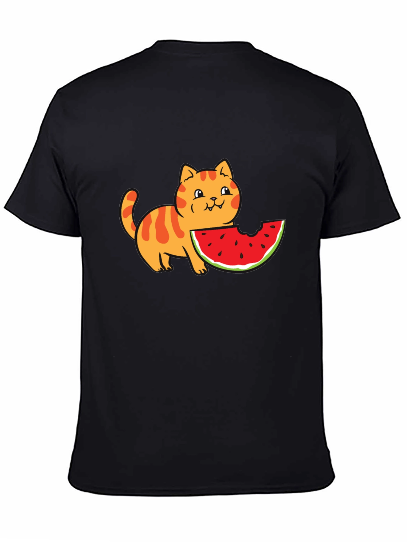 Black Cartoon Cat Watermelon Black T-Shirt view 4