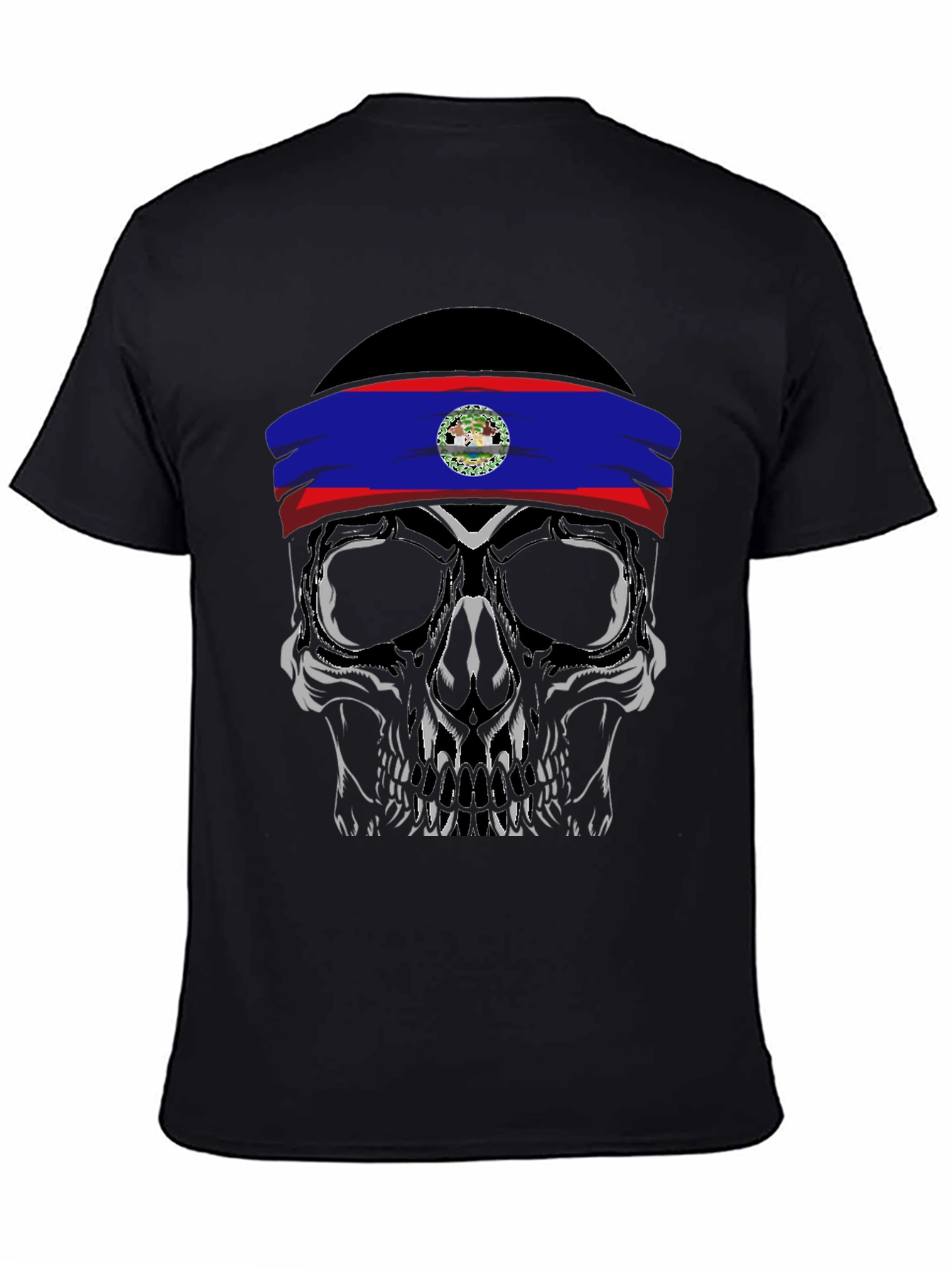 Black Skull with Belize Flag Headband T-Shirt view 4