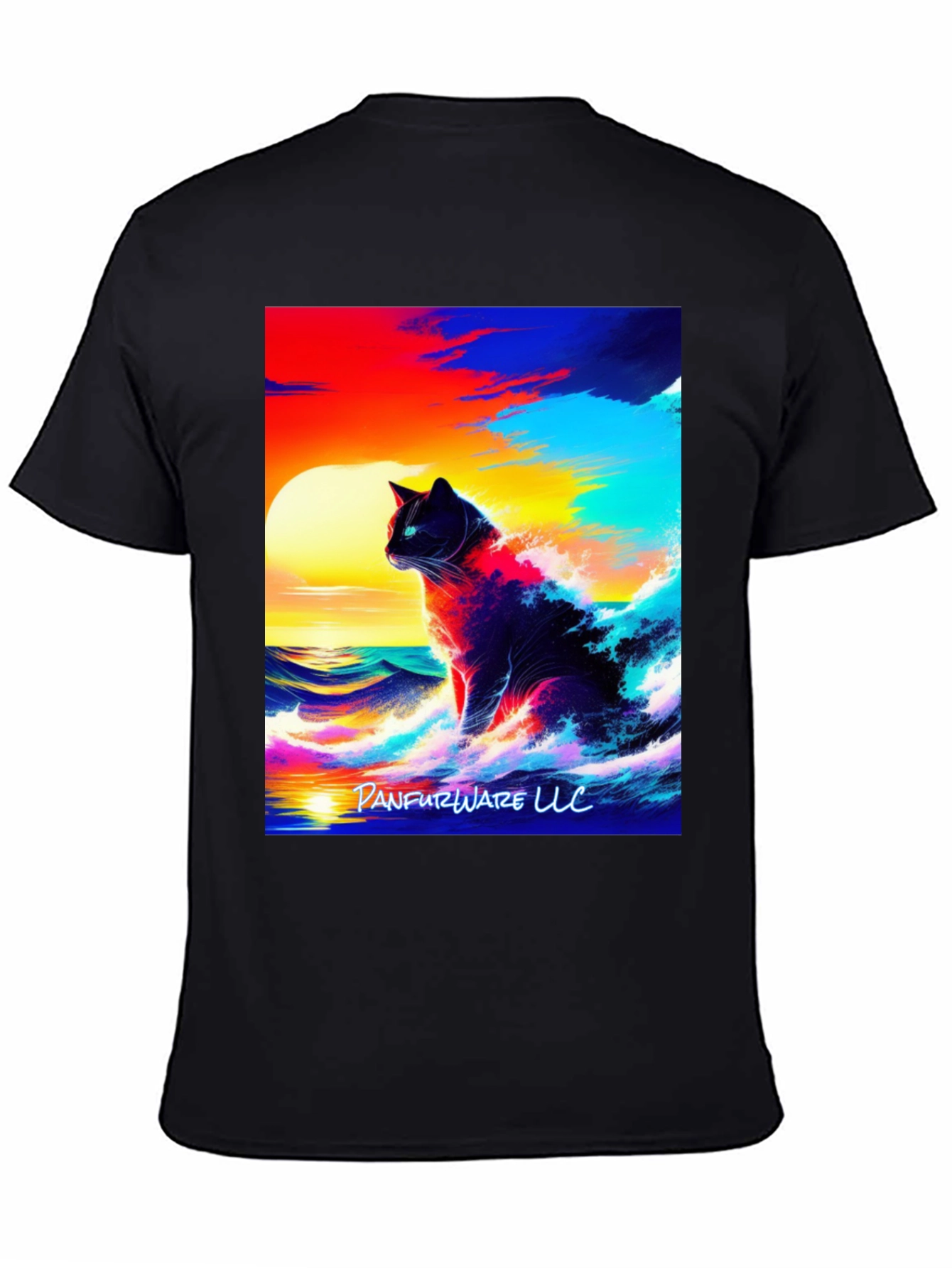 Black Cat Waves T-Shirt - Artistic Sunset Design view 4