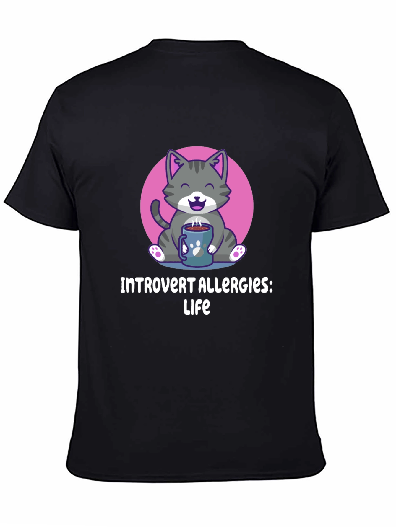 Black Introvert Allergies T-Shirt, Cute Cat Design view 4