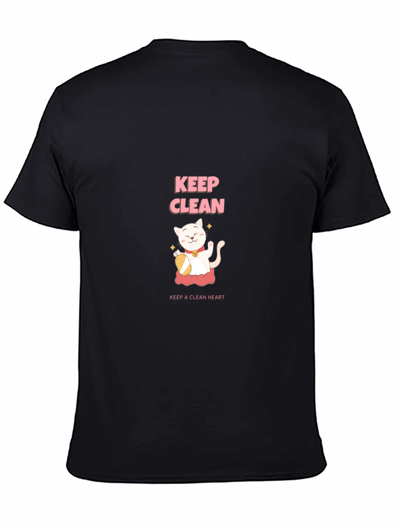 Black Keep Clean Black T-Shirt - Cute Cat Design view 4