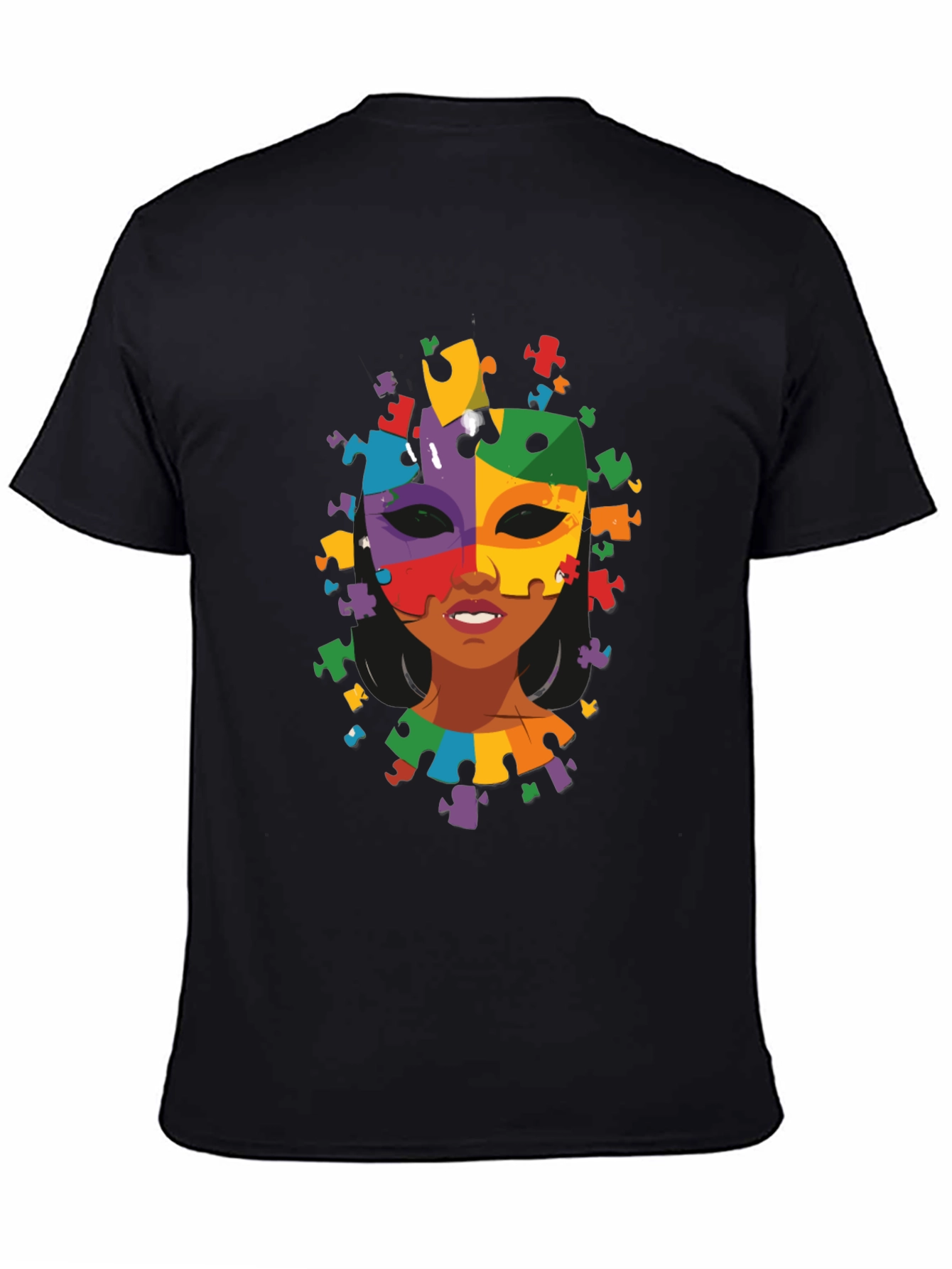 Black Autism Awareness Puzzle Piece Mask Tee view 4