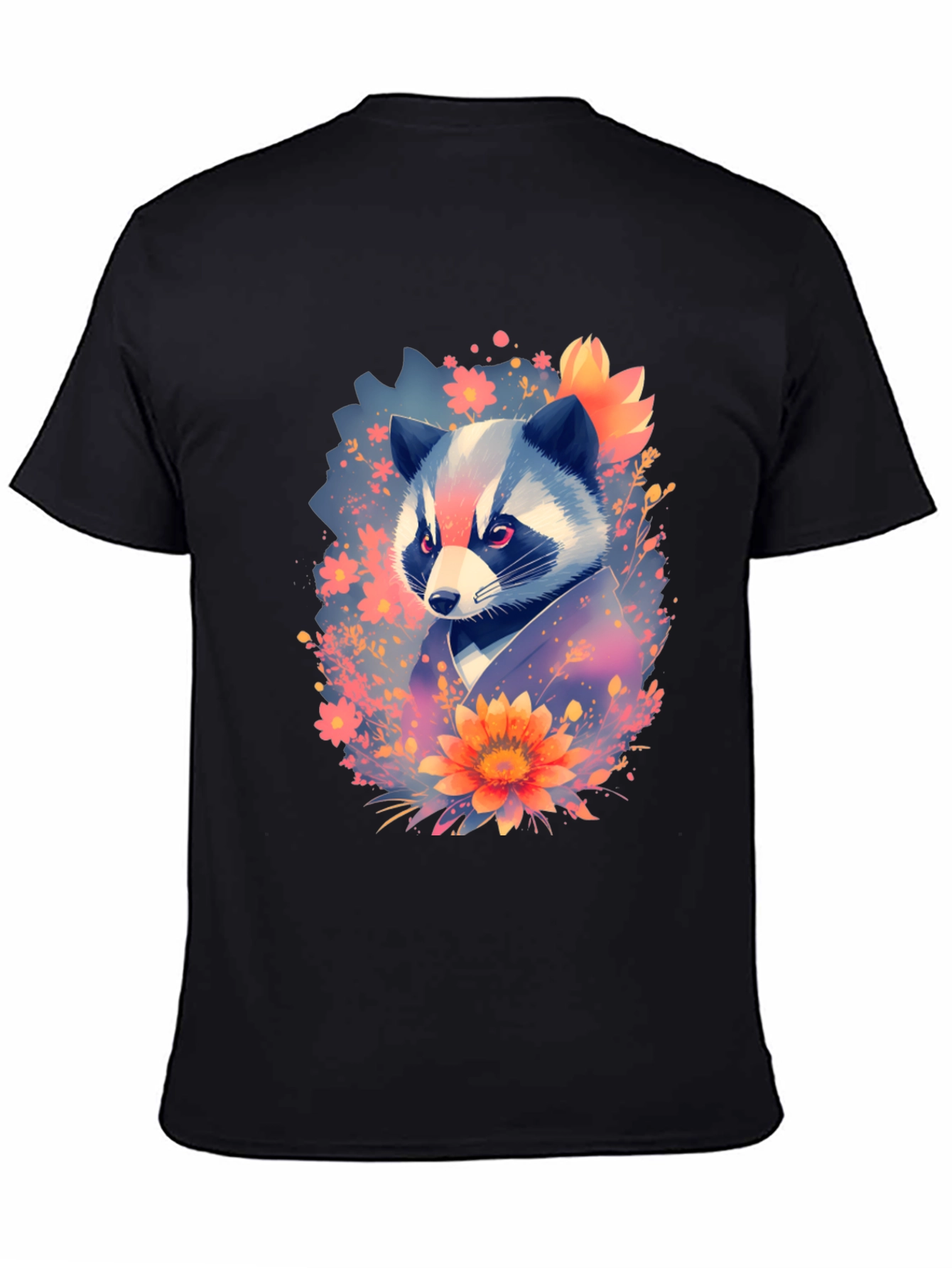 Black Floral Raccoon Graphic Black T-Shirt view 4