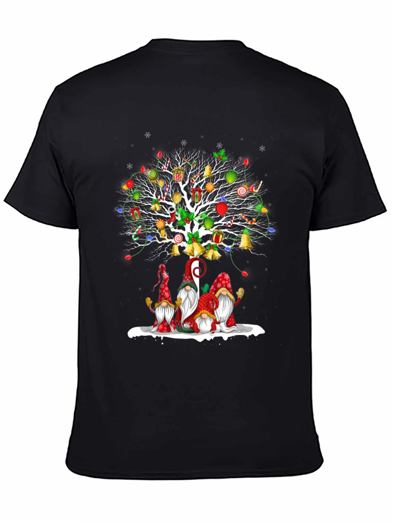 Black Festive Christmas Gnome Tree T-Shirt view 4