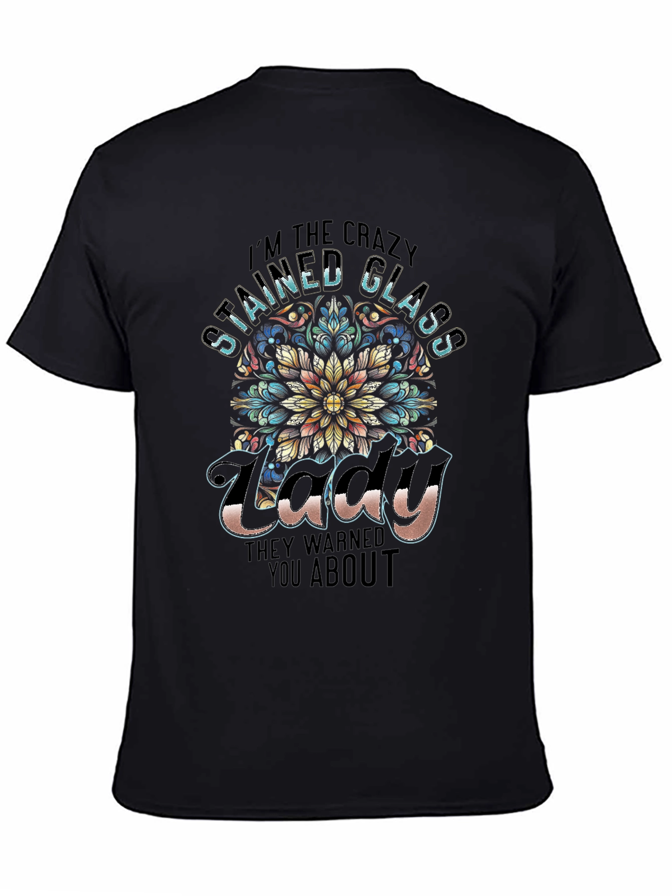 Black Crazy Stained Glass Lady T-Shirt view 4