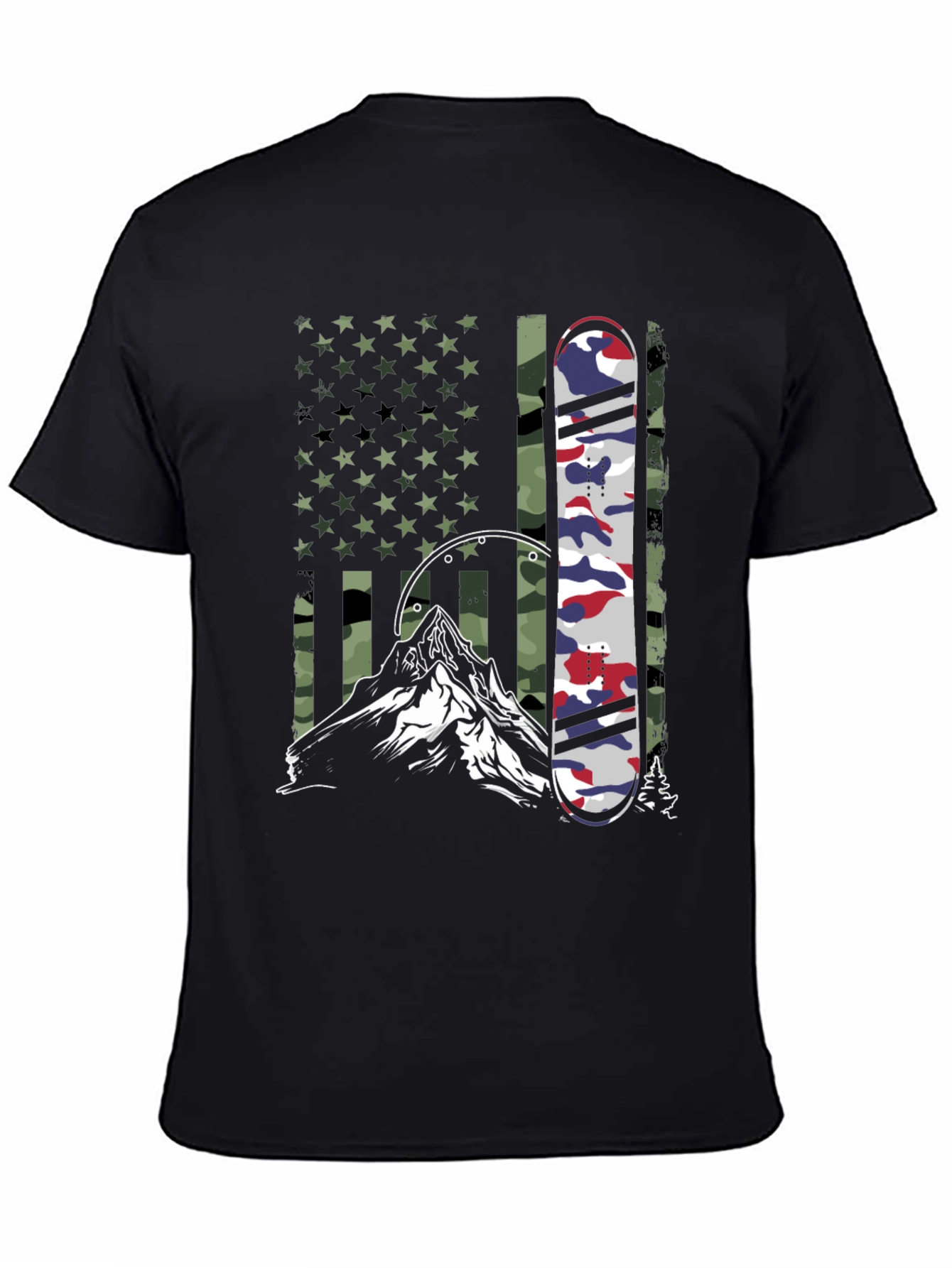 Black American Flag Camo Snowboard Mountain Graphic Tee view 4