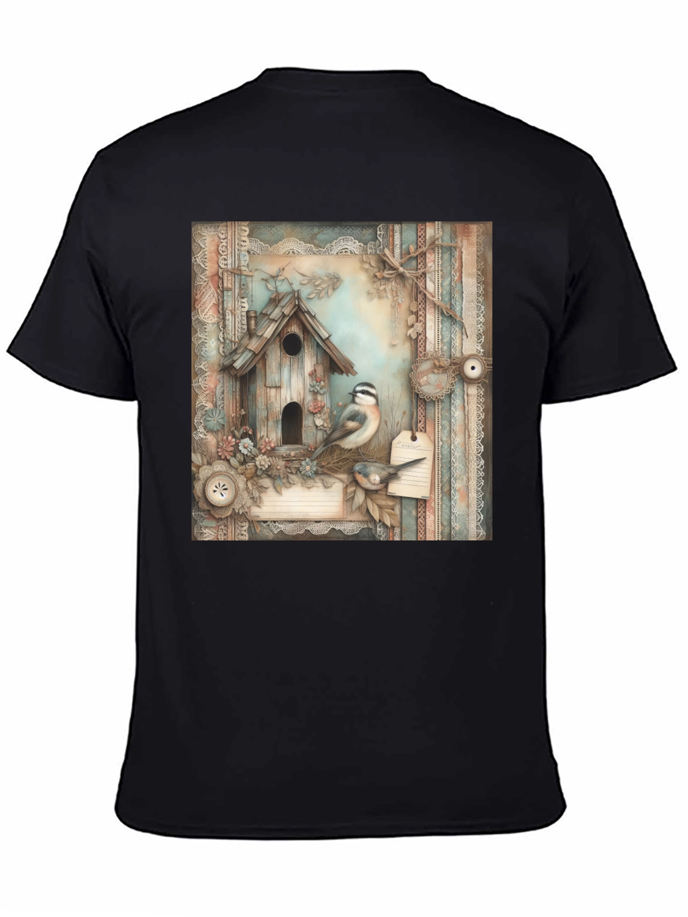 Black Rustic Birdhouse & Bird T-Shirt view 4