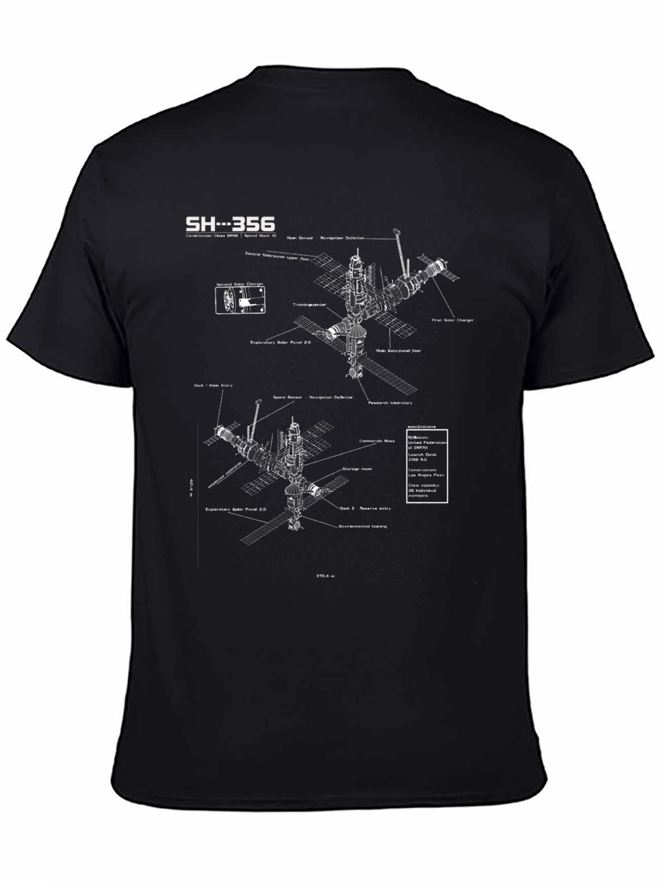 Black Space Station Blueprint Graphic T-Shirt view 4