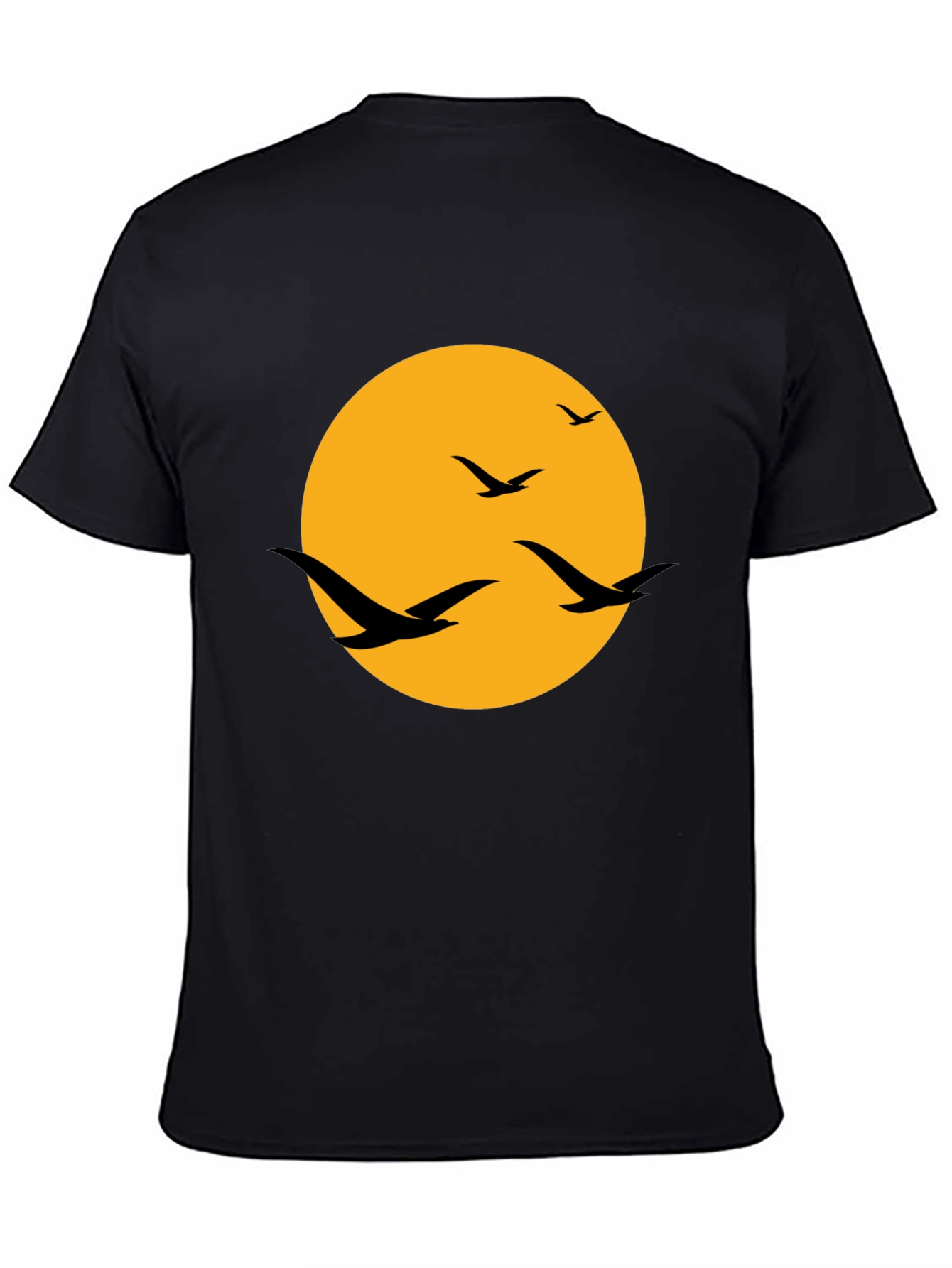 Black Men's Black T-Shirt with Birds and Moon Design view 4