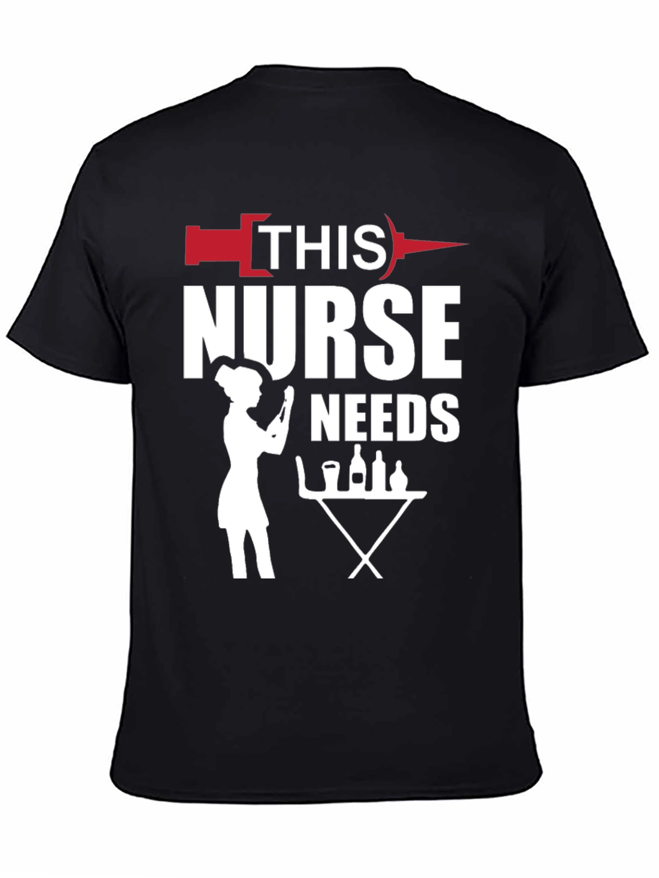 Black Humorous Nurse Needs Wine T-Shirt - Black view 4