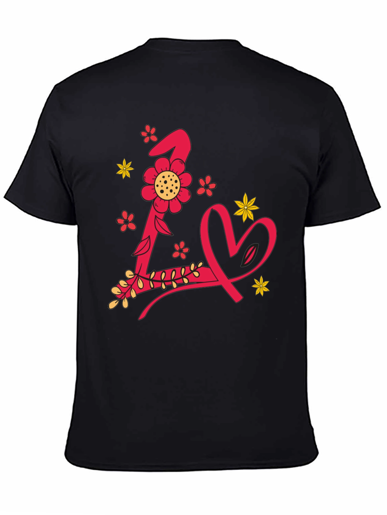 Black Floral Letter L Love Heart Black Graphic Tee view 4