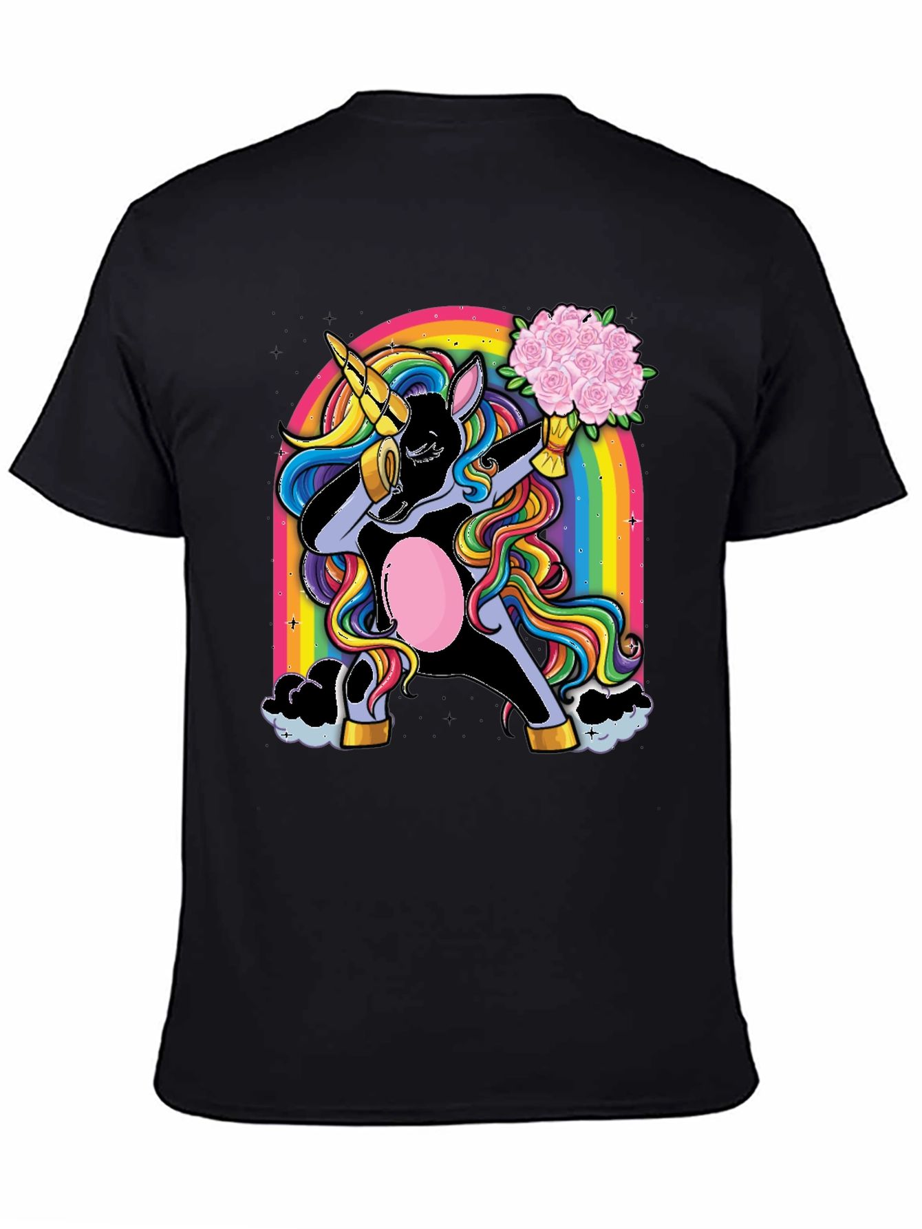 Black Dabbing Unicorn T-Shirt - Rainbow & Flowers view 4