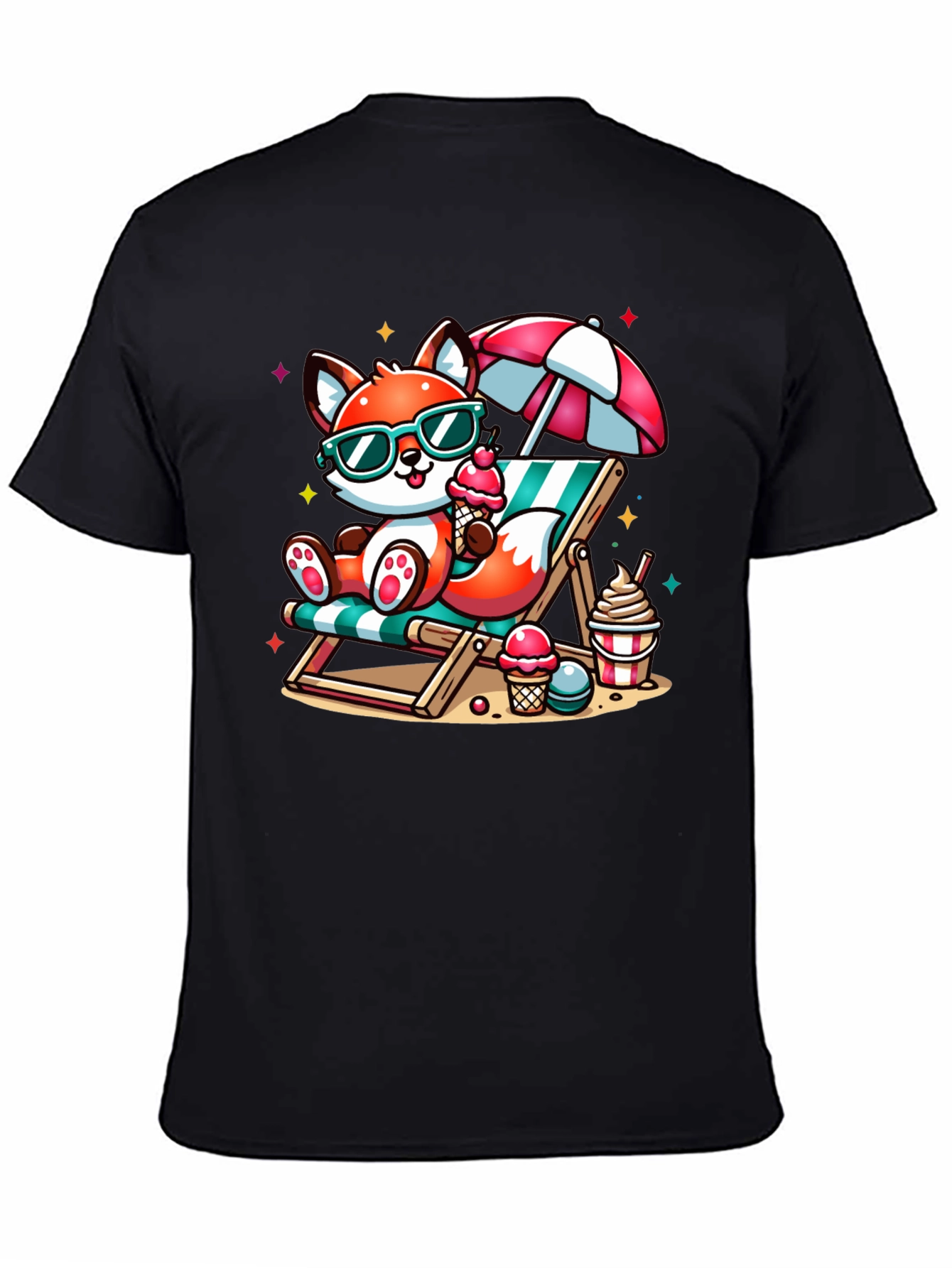 Black Cool Fox Summer Beach T-Shirt view 4
