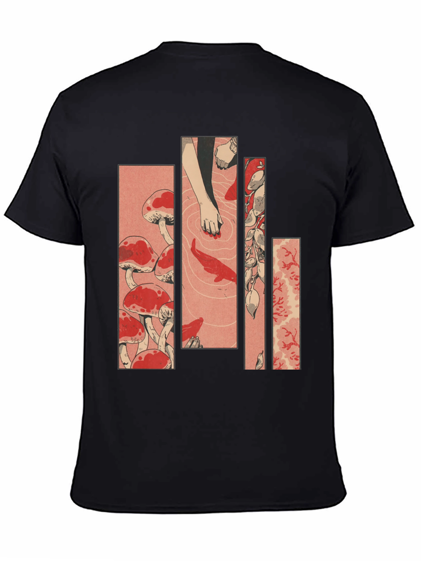 Black Ukiyo-e Style Mushroom & Koi Pond Graphic Tee view 4