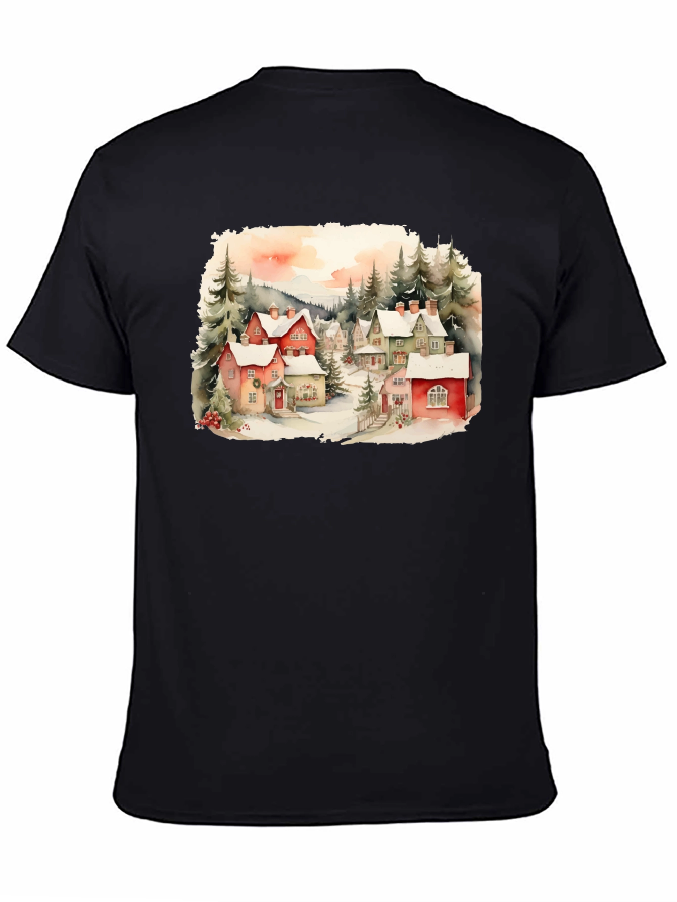 Black Watercolor Winter Village T-Shirt view 4