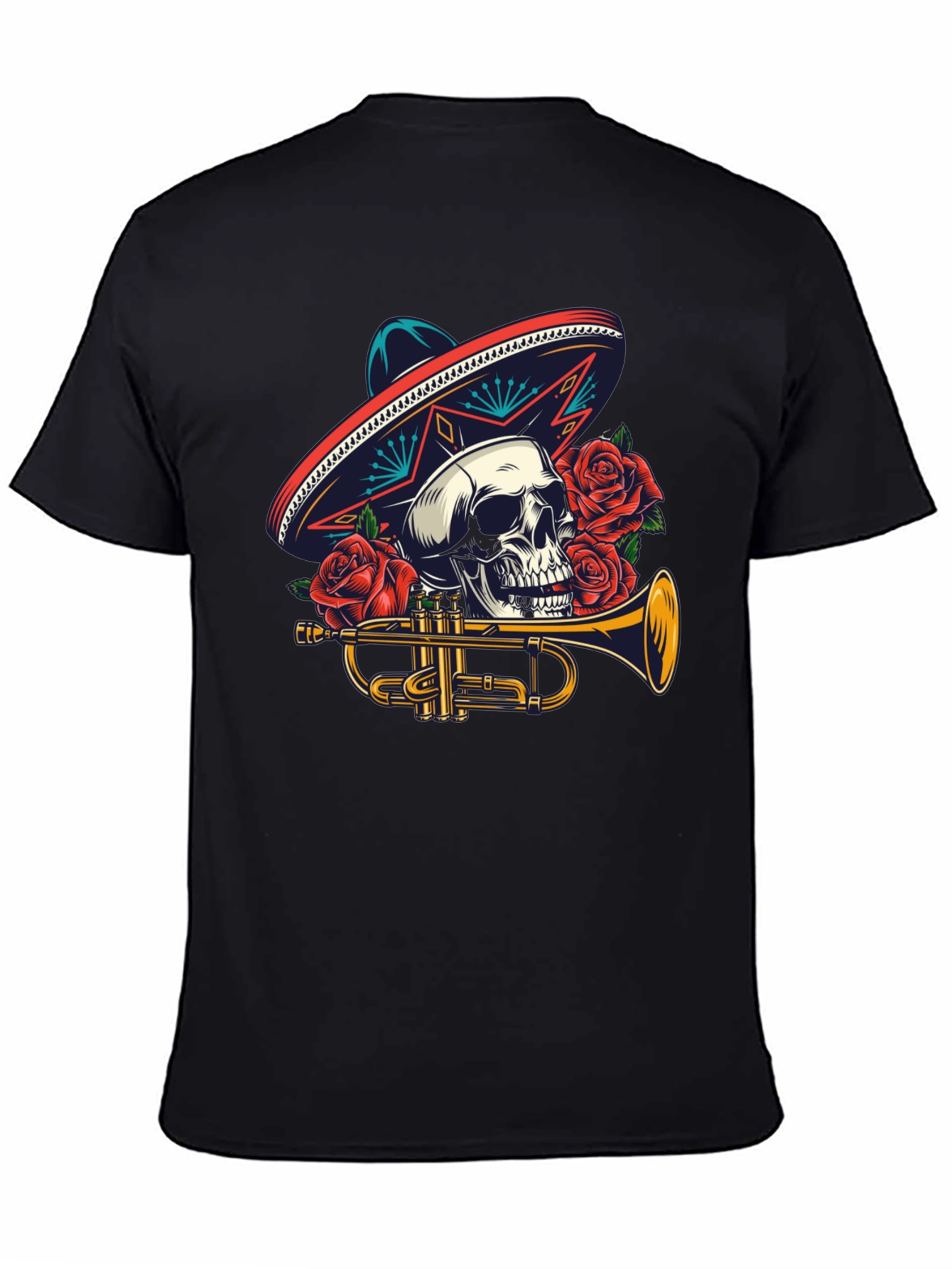 Black Skull Sombrero Trumpet Graphic Tee view 4