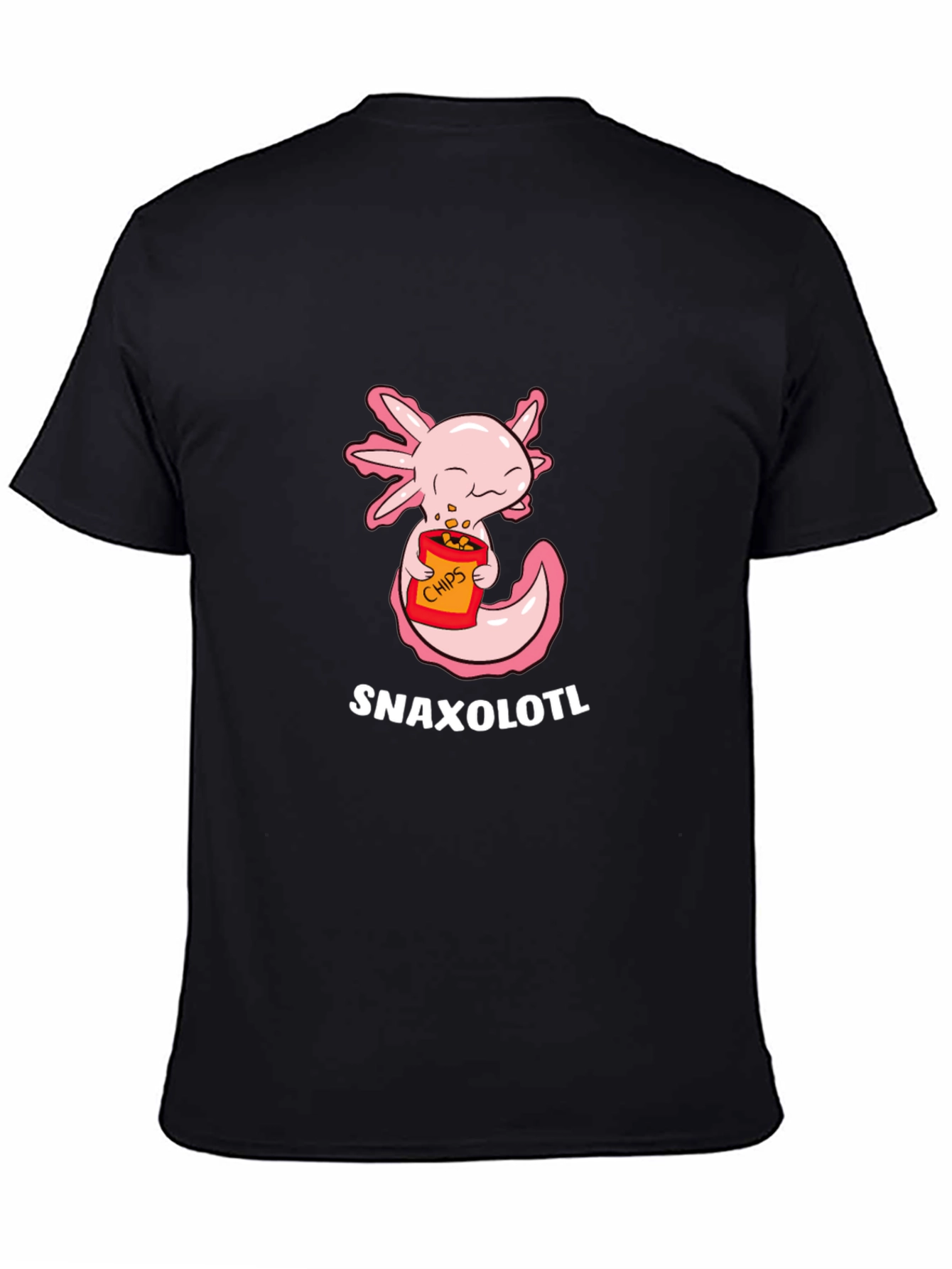 Black Snaxolotl T-Shirt - Cute Axolotl Eating Chips! view 4