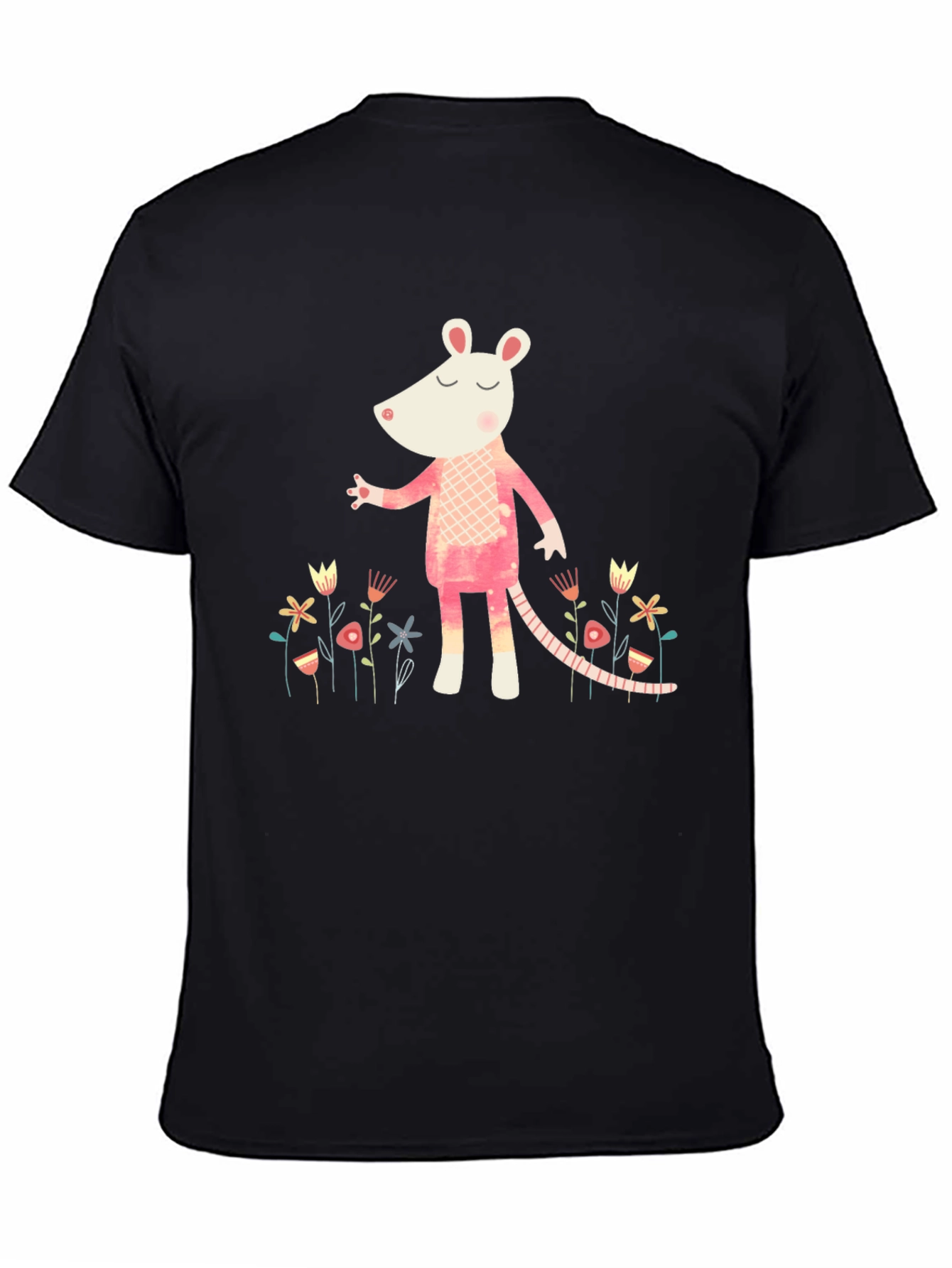 Black Whimsical Rat in Floral Garden Black T-Shirt view 4