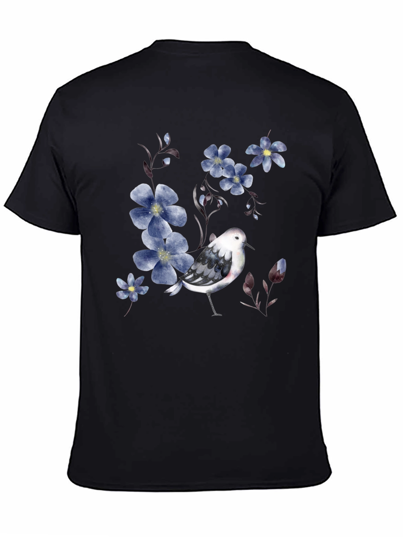 Black Floral Bird Print Black T-Shirt view 4