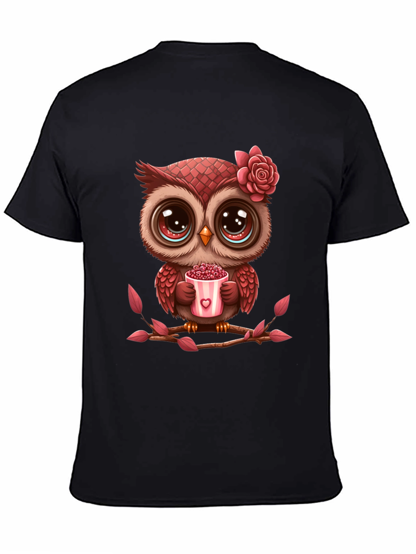 Black Cute Owl Valentine's Day Black T-Shirt view 4
