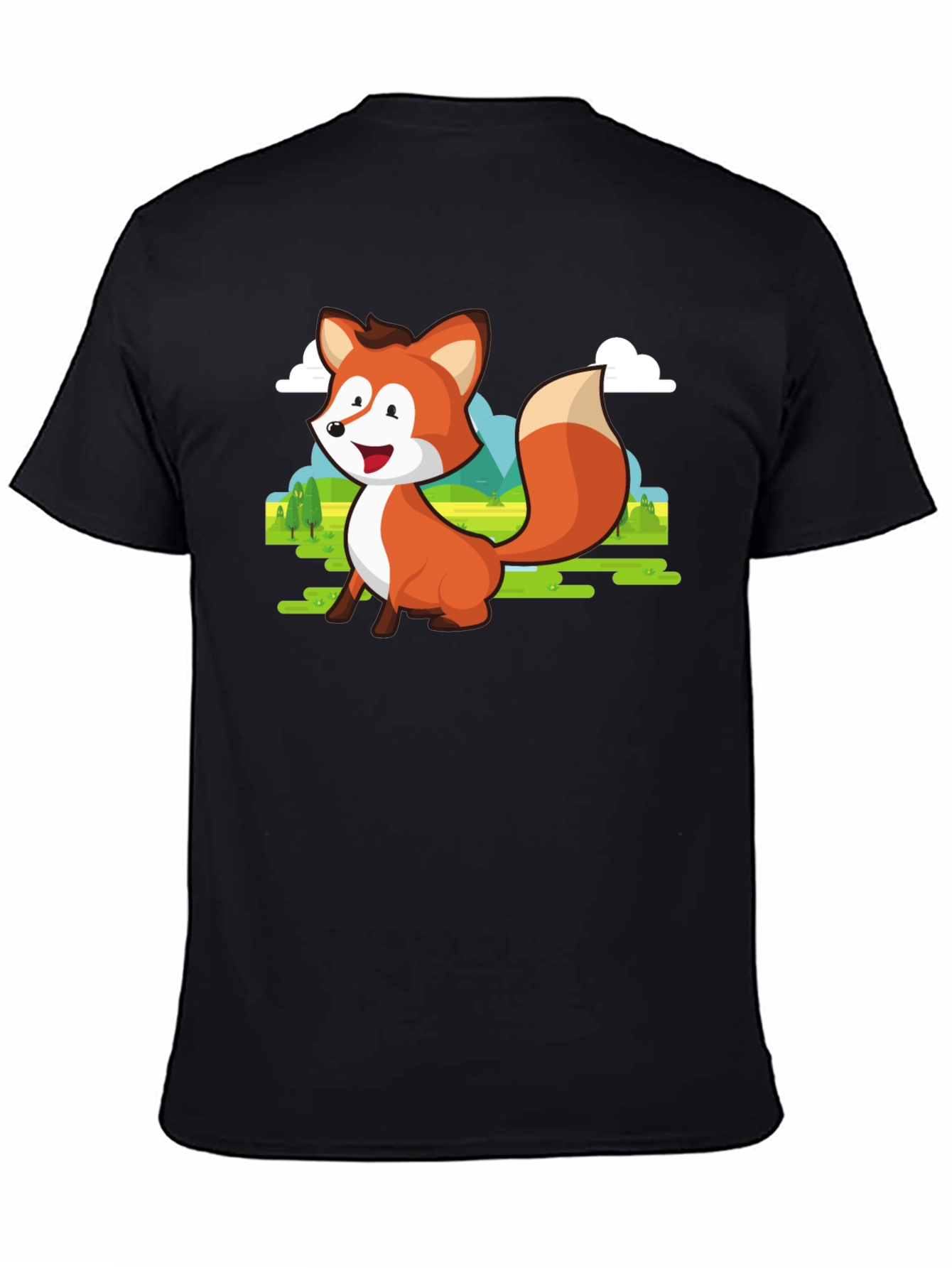 Black Cute Fox Cartoon T-Shirt - Men's Black Tee view 4