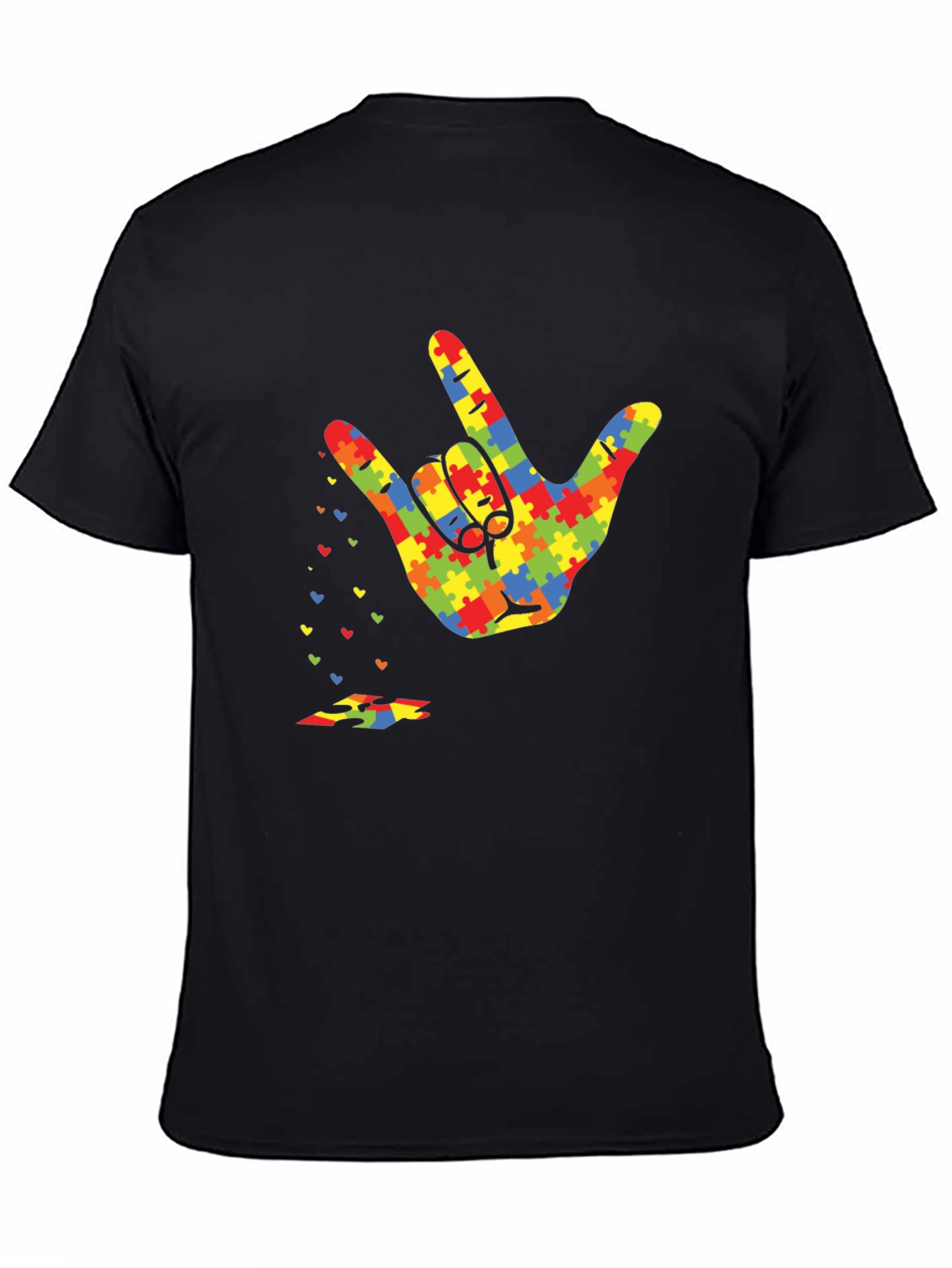 Black Autism Awareness Puzzle Hand Gesture T-Shirt view 4