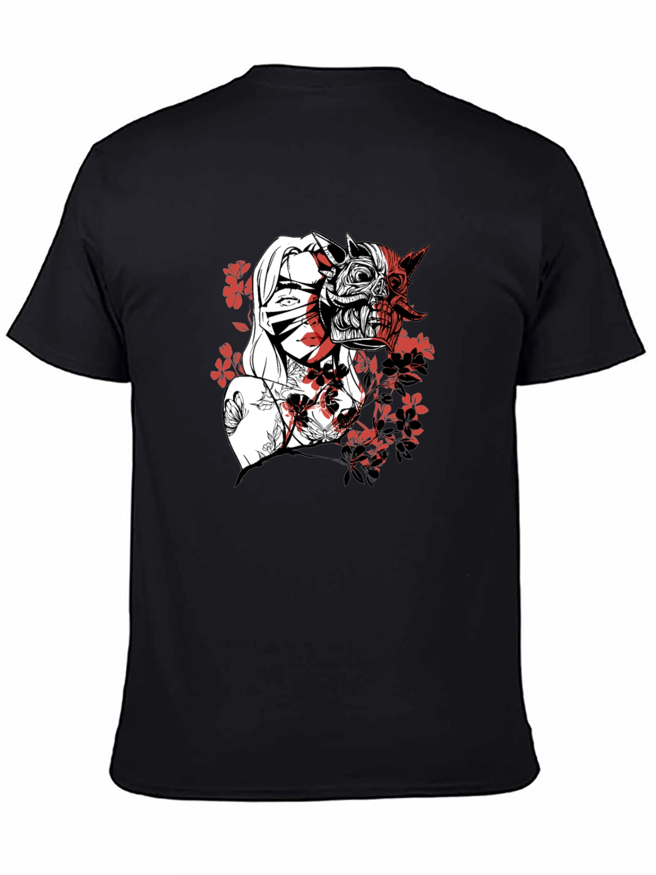 Black Men's Graphic Tee - Samurai Girl & Skull Design view 4