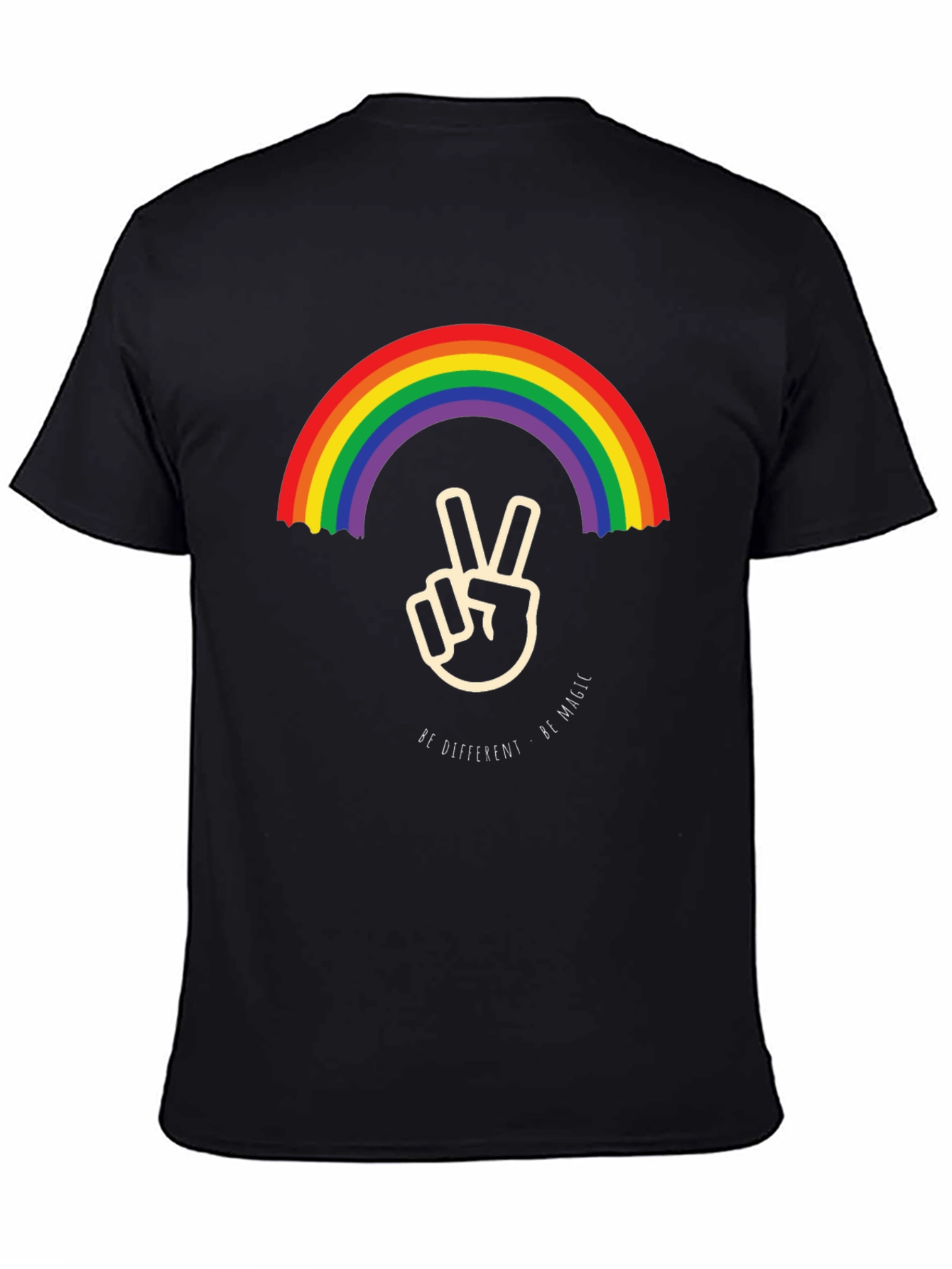 Black Rainbow Peace Sign Graphic Tee - Be Different, Be Magic view 4
