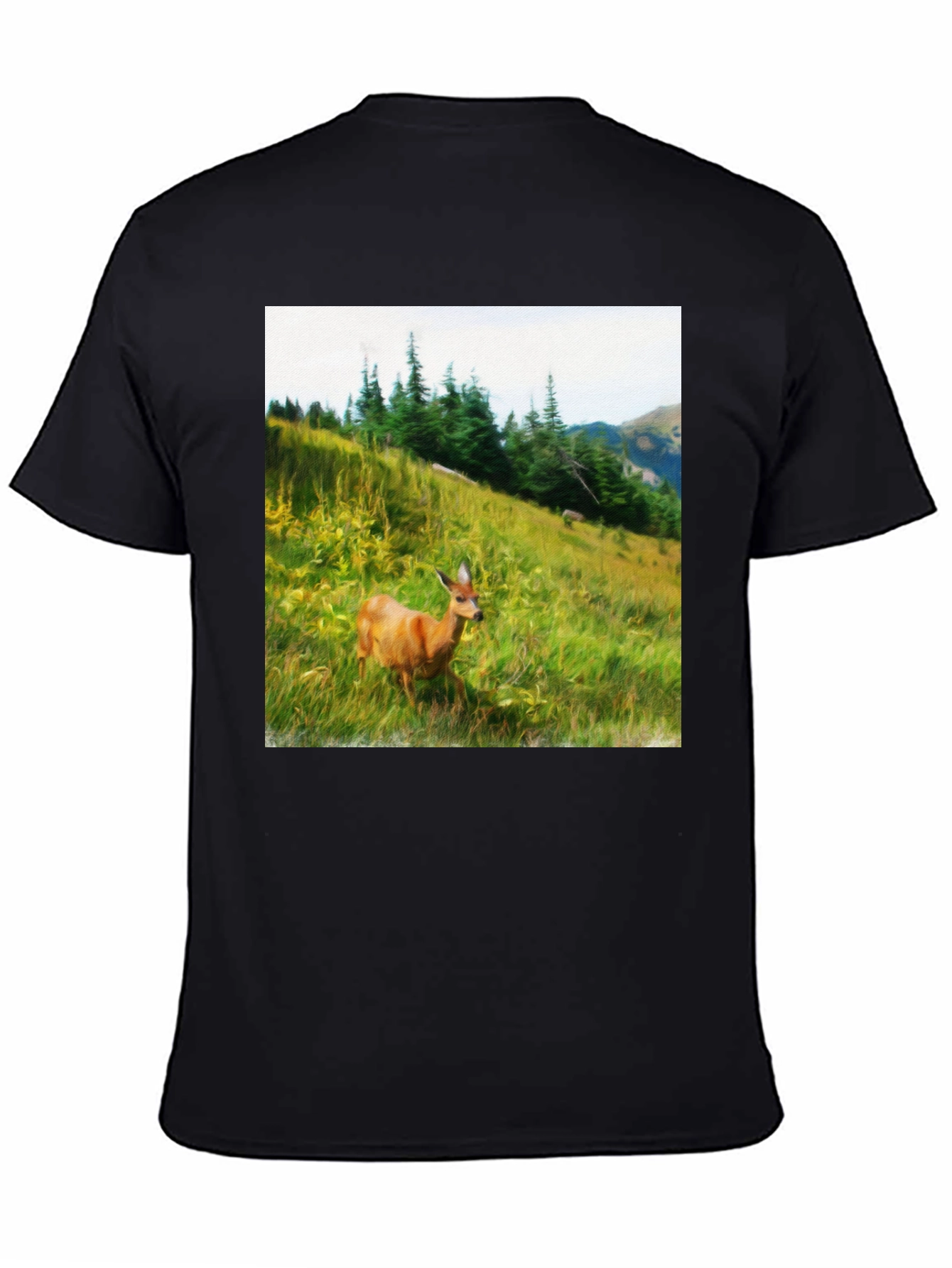 Black Nature Scene Deer Graphic Tee - Unisex Black T-Shirt view 4