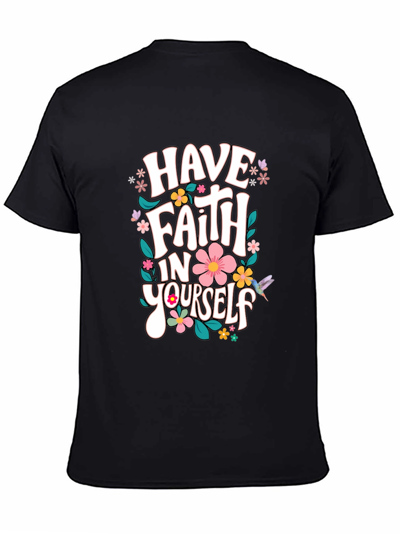 Black Faith In Yourself T-Shirt, Floral Design, Black view 4
