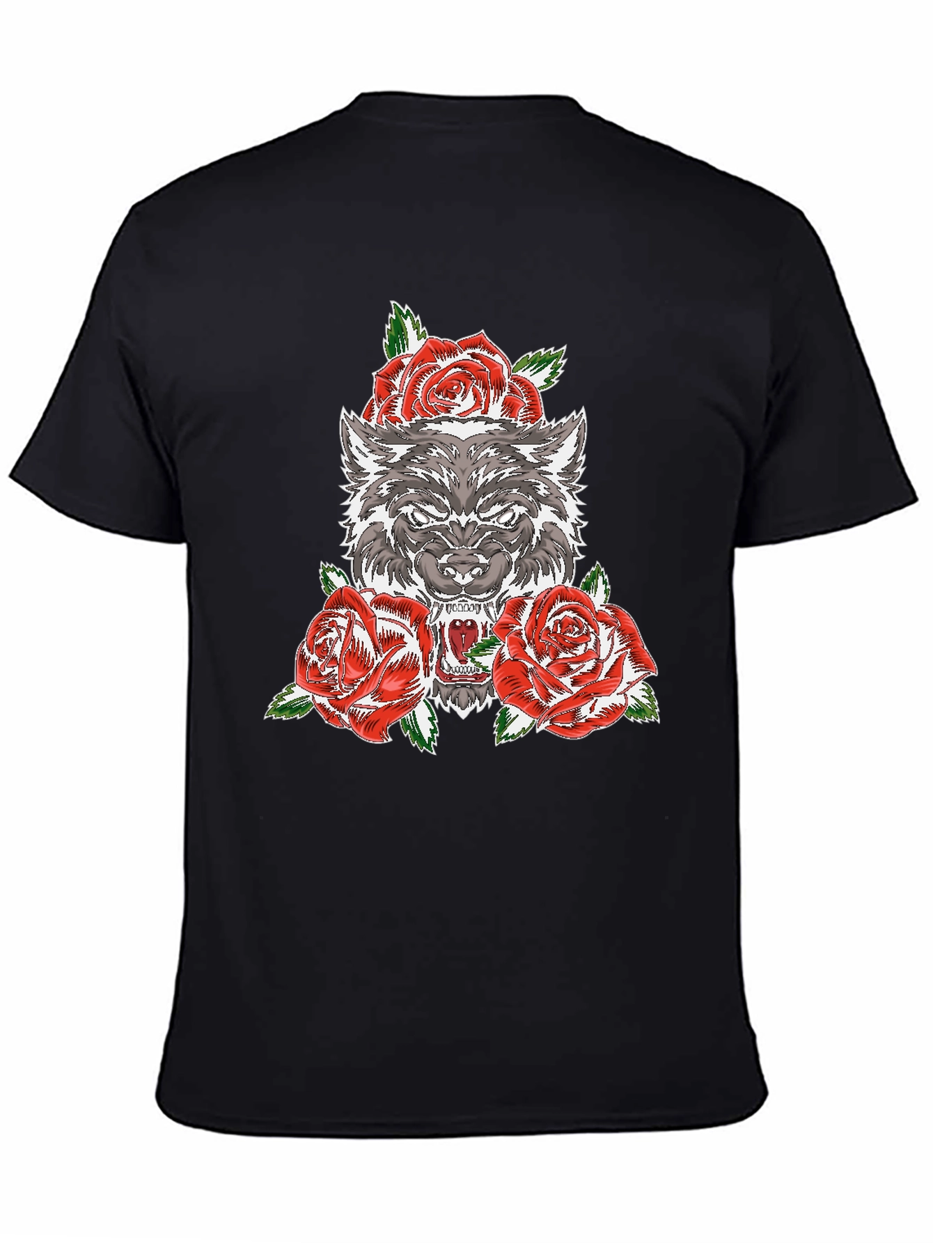 Black Wolf and Roses Graphic T-Shirt - Black view 4