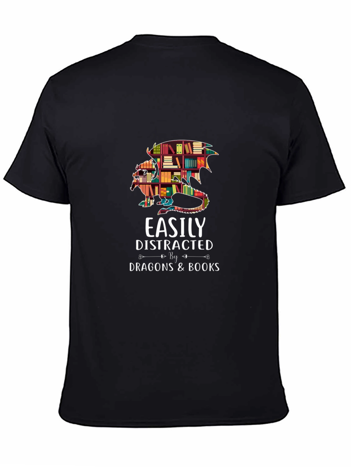 Black Easily Distracted By Dragons & Books Black T-Shirt view 4