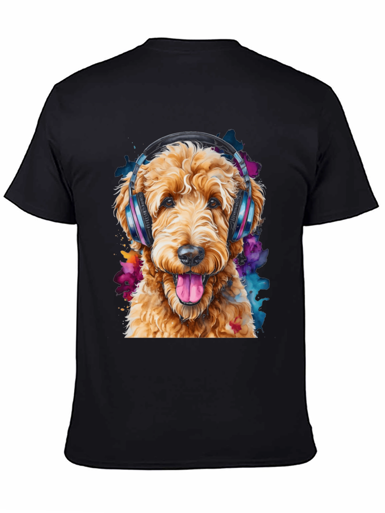 Black Dog with Headphones Black T-Shirt view 4