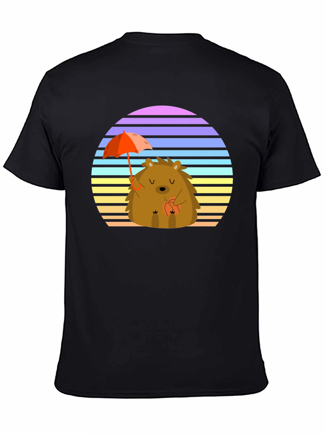 Black Cute Hedgehog T-Shirt with Retro Sunset Design view 4