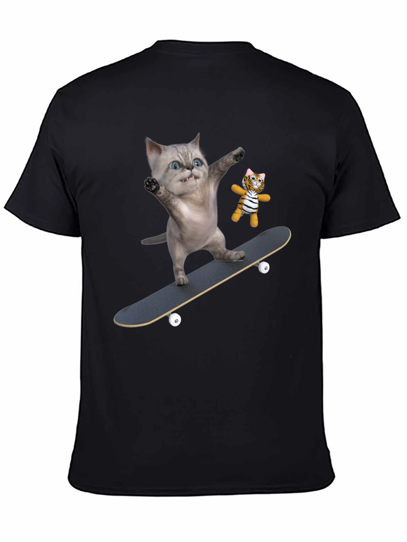 Black Cool Cat Skateboard T-Shirt - Unique Design view 4