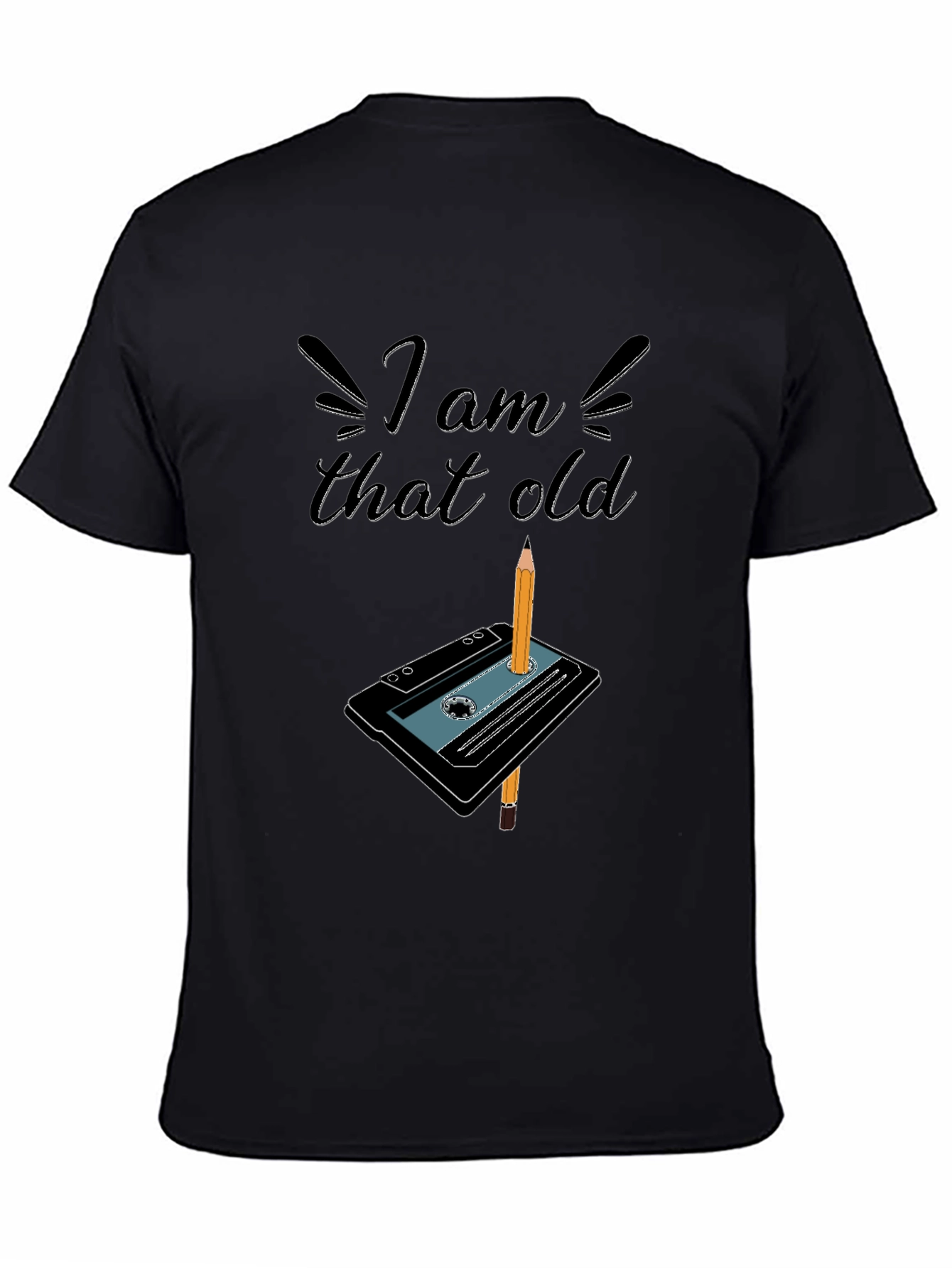 Black I Am That Old Cassette Tape & Pencil Graphic T-Shirt view 4