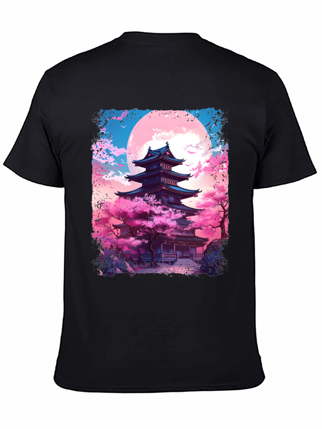Black Japanese Temple Sakura Moon Men's Graphic Tee view 4