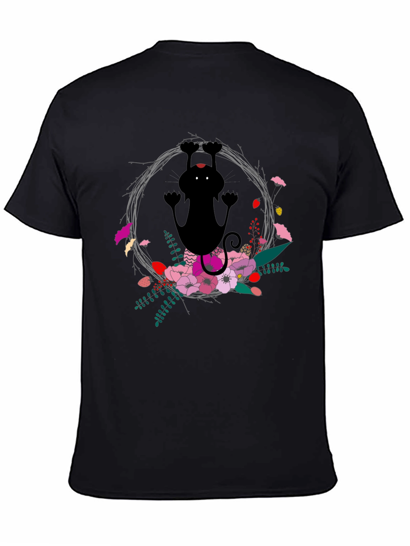 Black Floral Cat Black T-Shirt - Fun & Unique Design view 4