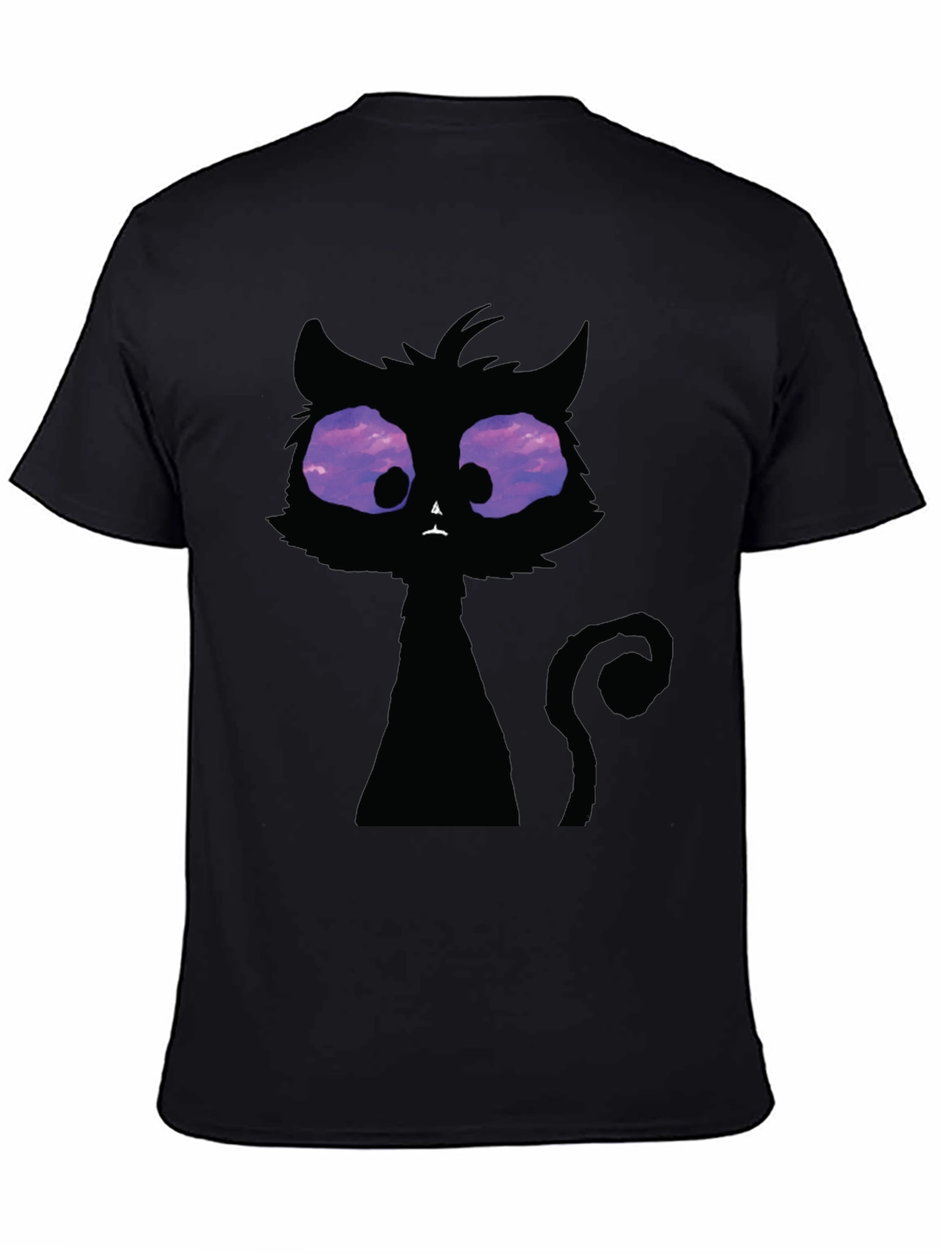 Black Whimsical Cat T-Shirt: Black Crew Neck with Unique Design view 4