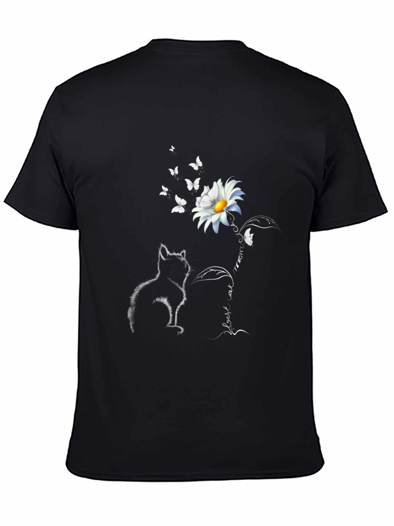 Black Cat & Daisy T-Shirt: Black Tee with Unique Graphic view 4