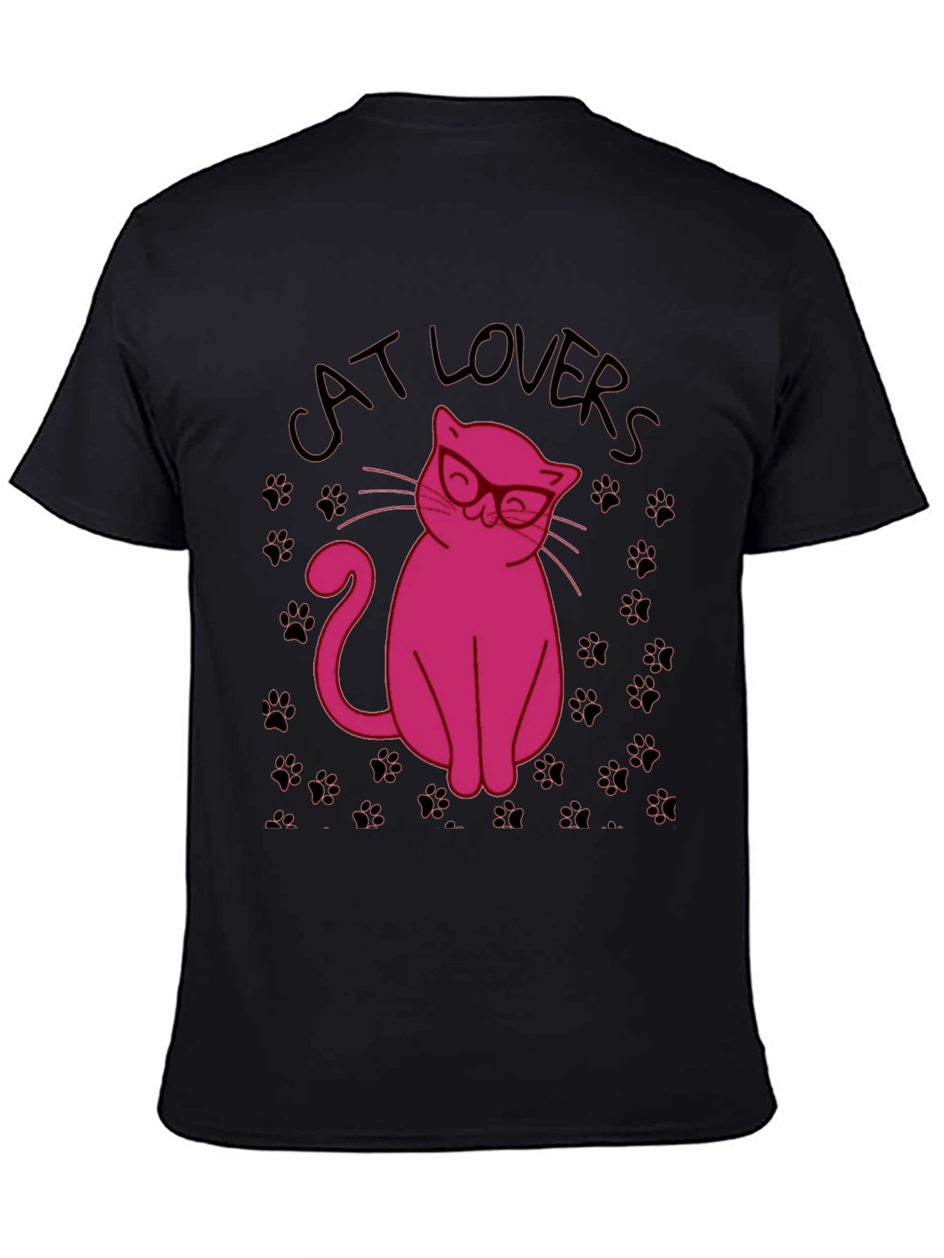 Black Cat Lovers T-Shirt - Pink Cat with Glasses Design view 4