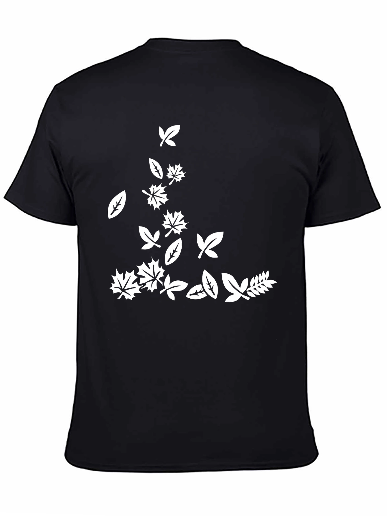 Black Men's Black T-Shirt with Falling Leaves Design view 4